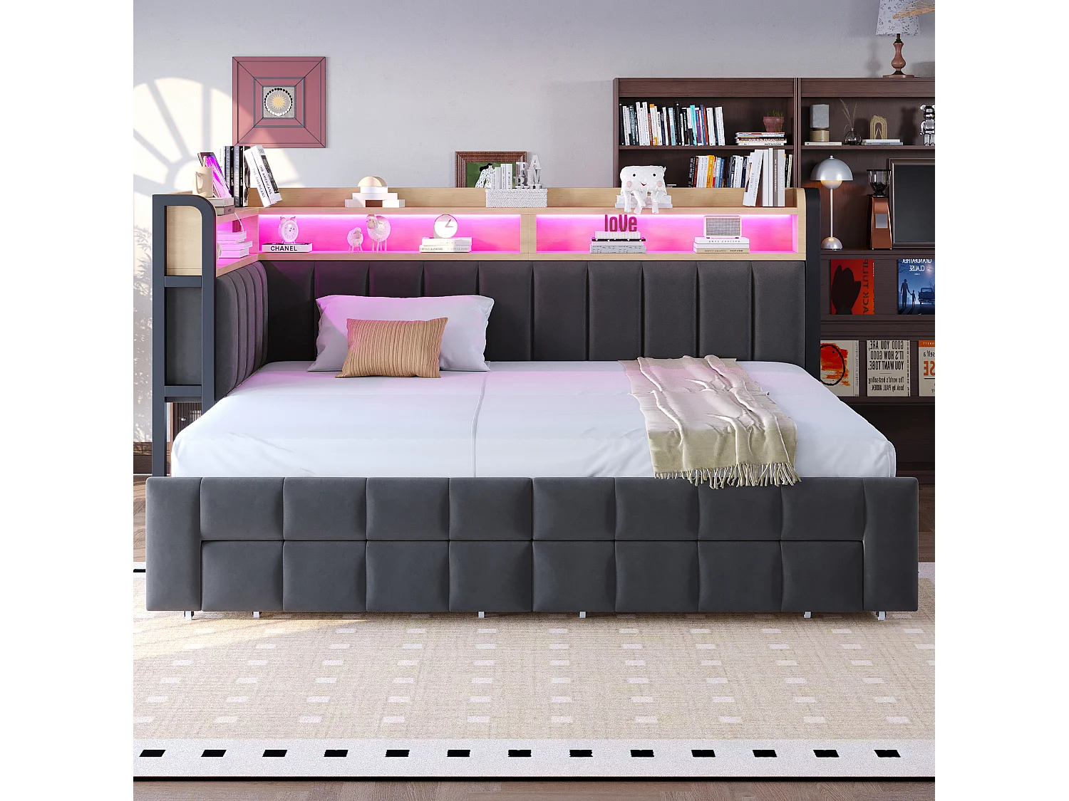 Trundle bed 90 x 200 cm extendable to 180 x 200 cm with 2 drawers, LED lighting, USB & Type-C ports - Velvet + metal + MDF - Dark grey