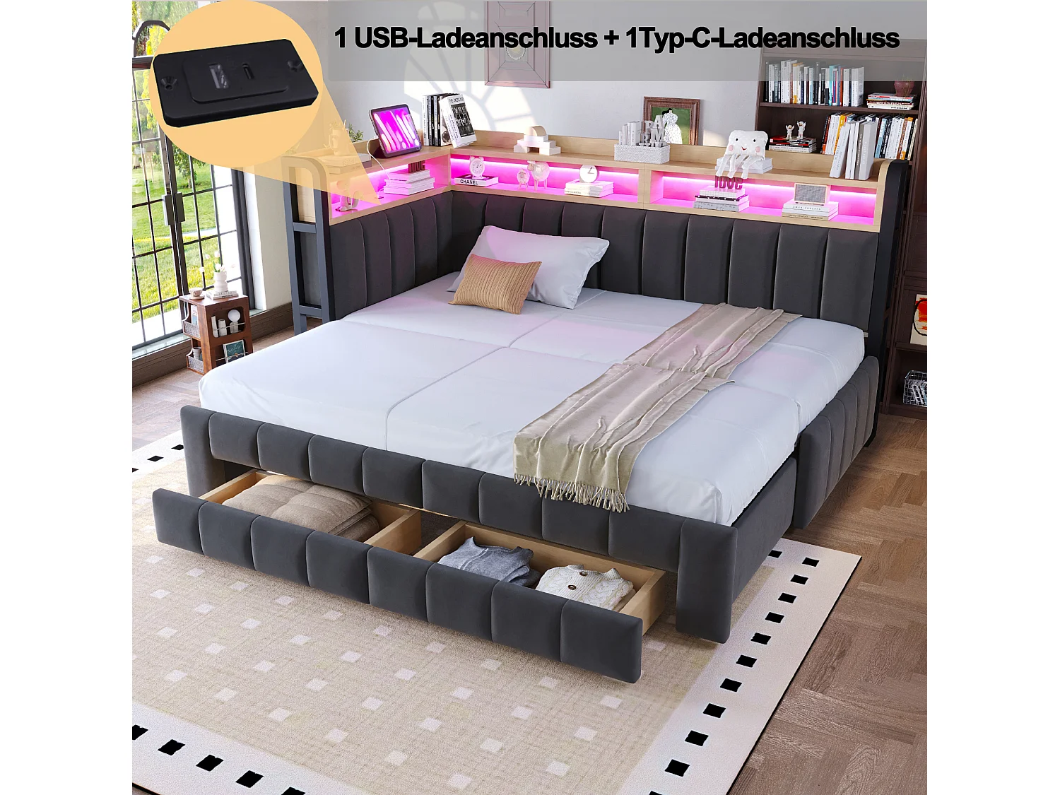 Trundle bed 90 x 200 cm extendable to 180 x 200 cm with 2 drawers, LED lighting, USB & Type-C ports - Velvet + metal + MDF - Dark grey