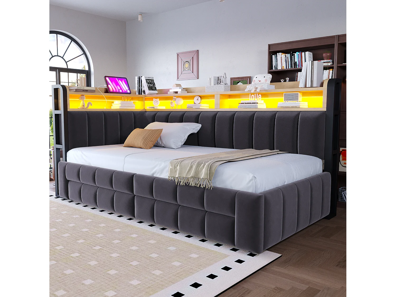 Trundle bed 90 x 200 cm extendable to 180 x 200 cm with 2 drawers, LED lighting, USB & Type-C ports - Velvet + metal + MDF - Dark grey