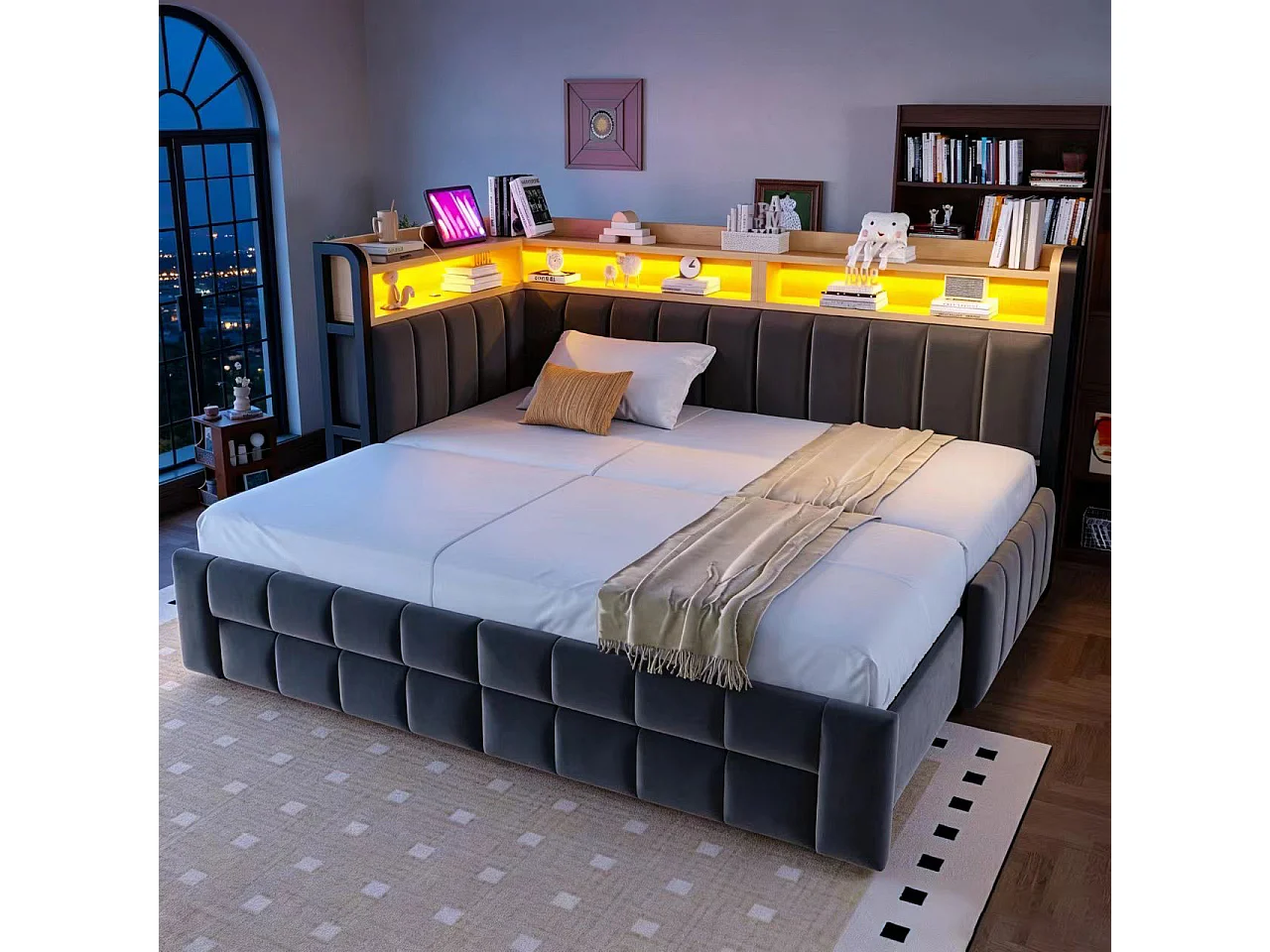 Trundle bed 90 x 200 cm extendable to 180 x 200 cm with 2 drawers, LED lighting, USB & Type-C ports - Velvet + metal + MDF - Dark grey