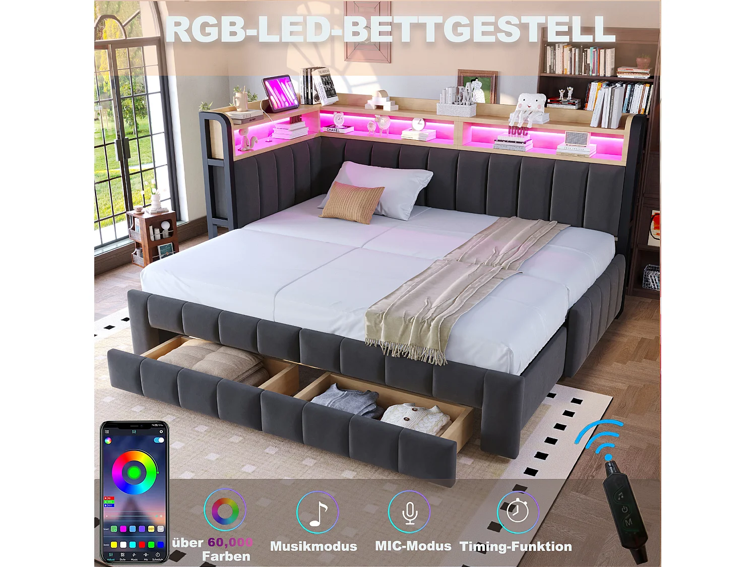 Trundle bed 90 x 200 cm extendable to 180 x 200 cm with 2 drawers, LED lighting, USB & Type-C ports - Velvet + metal + MDF - Dark grey