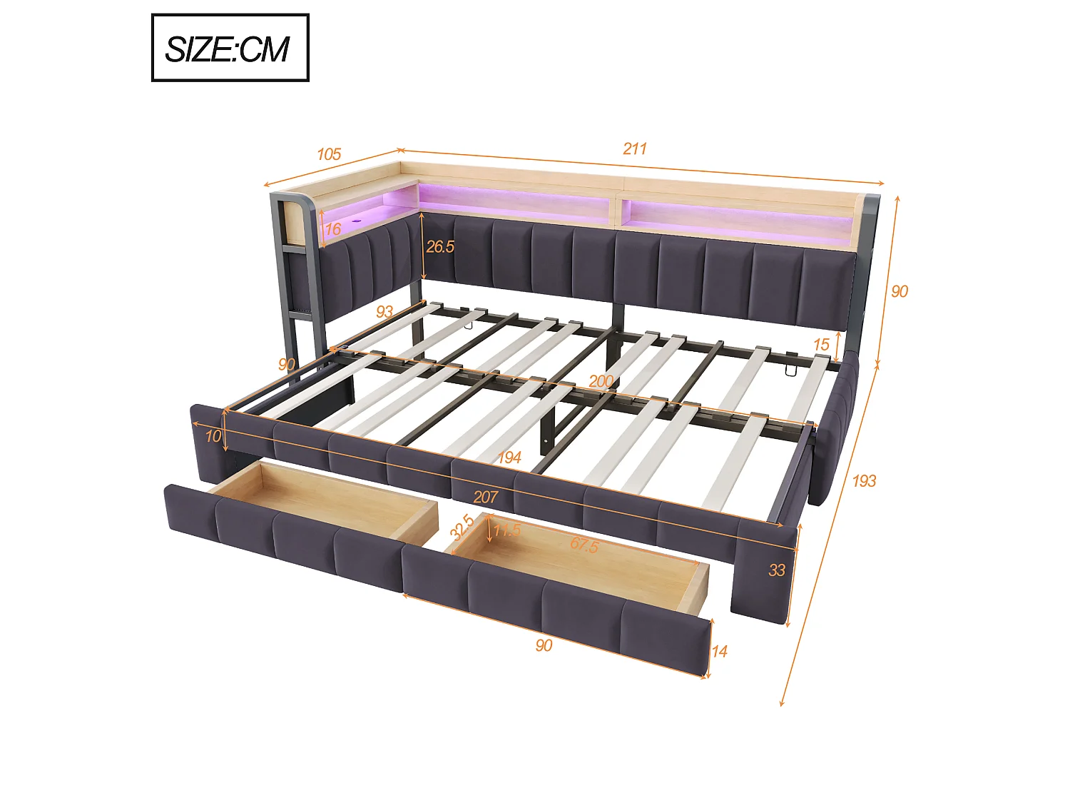 Trundle bed 90 x 200 cm extendable to 180 x 200 cm with 2 drawers, LED lighting, USB & Type-C ports - Velvet + metal + MDF - Dark grey