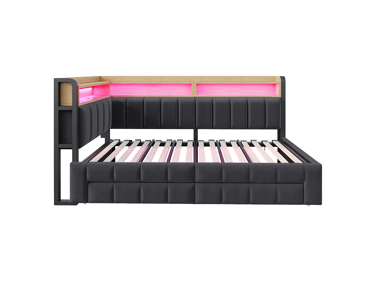 Trundle bed 90 x 200 cm extendable to 180 x 200 cm with 2 drawers, LED lighting, USB & Type-C ports - Velvet + metal + MDF - Dark grey