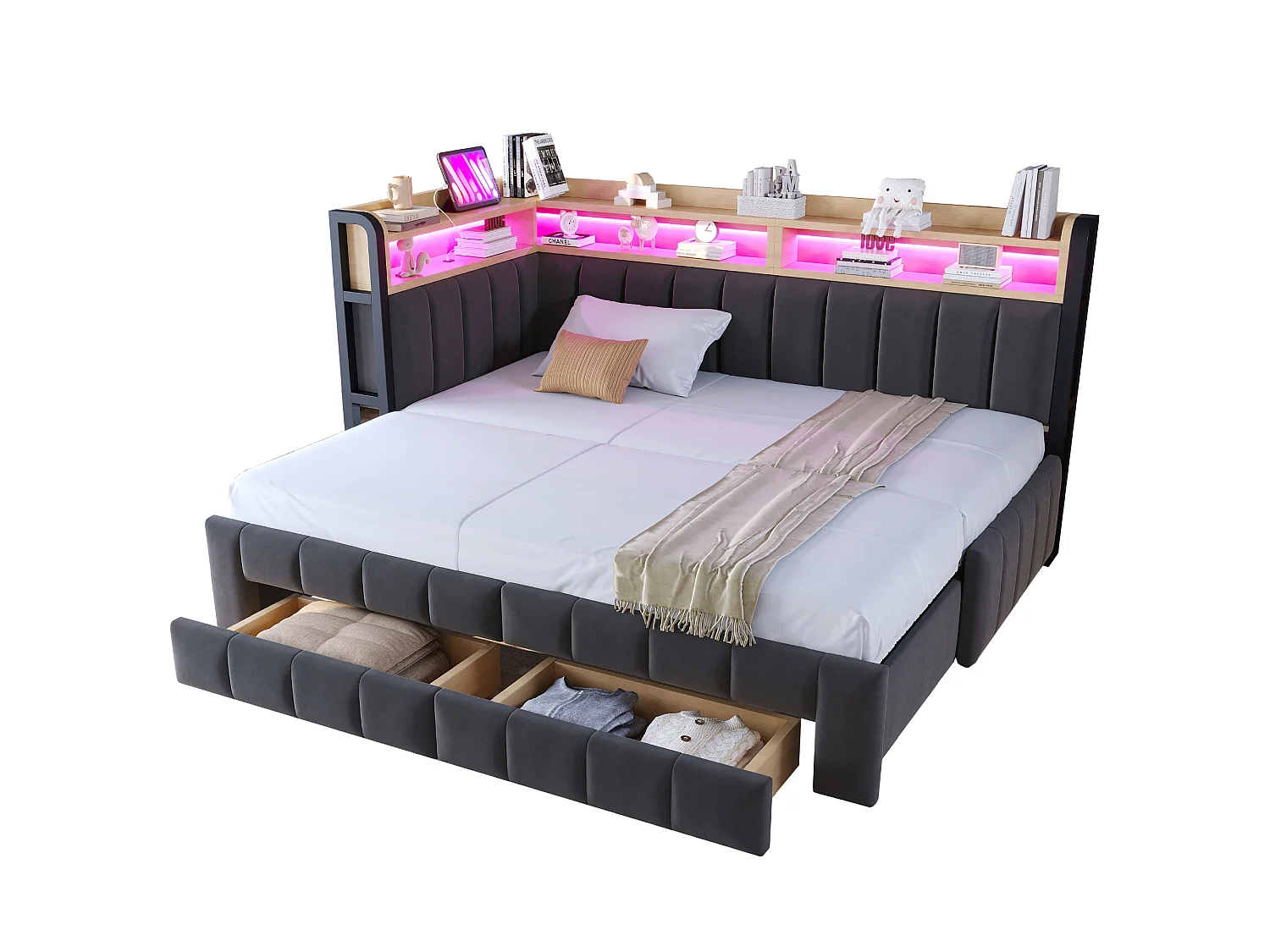 Trundle bed 90 x 200 cm extendable to 180 x 200 cm with 2 drawers, LED lighting, USB & Type-C ports - Velvet + metal + MDF - Dark grey