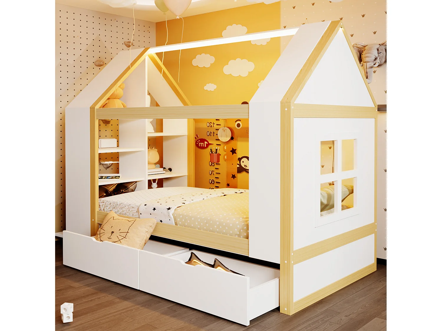 Cabin bed 90 x 200 cm with 2 drawers, side shelf, 2 drop-down doors and LED lighting - Solid wood + MDF - White + natural (Mattress not included)