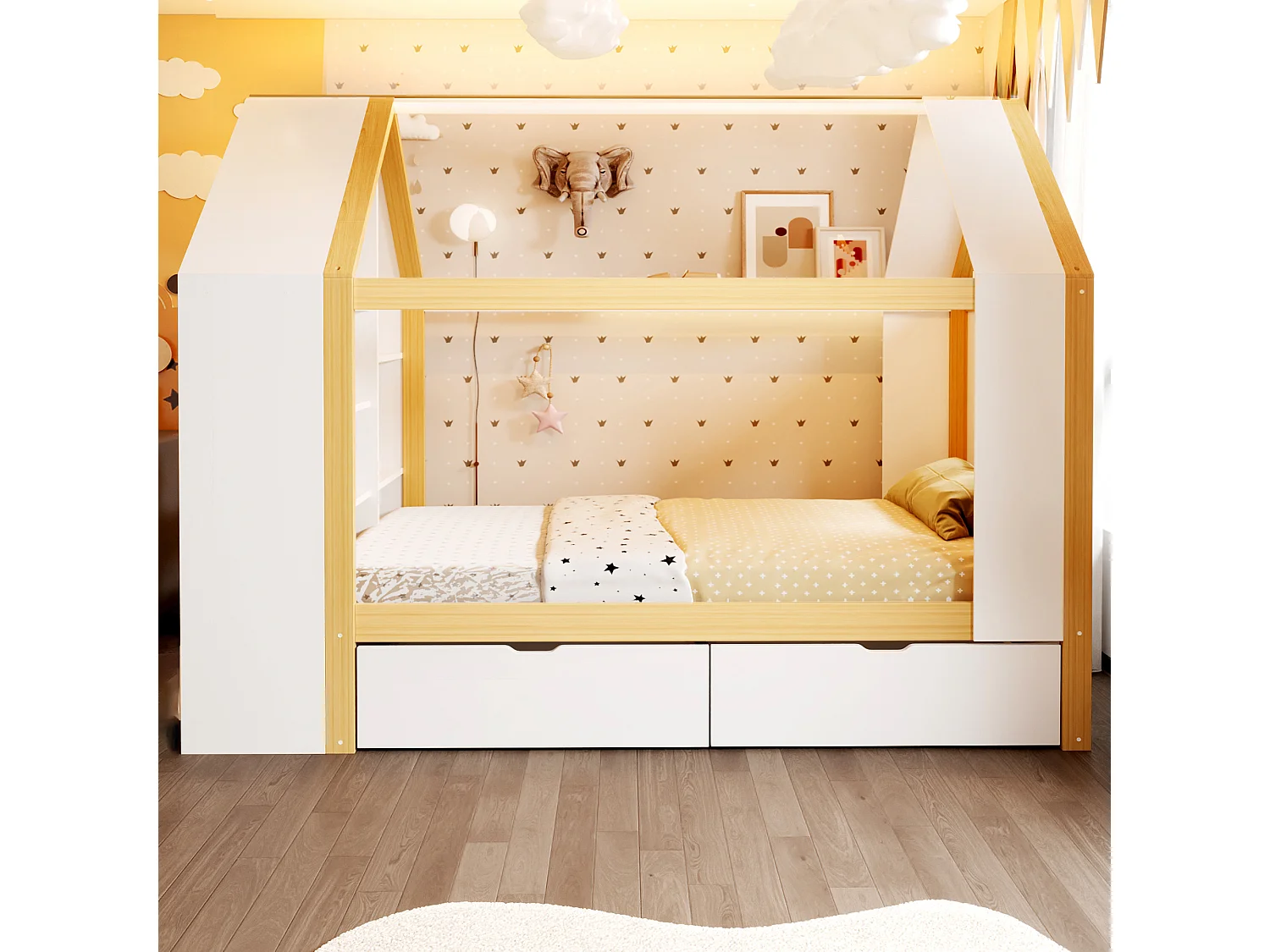 Cabin bed 90 x 200 cm with 2 drawers, side shelf, 2 drop-down doors and LED lighting - Solid wood + MDF - White + natural (Mattress not included)