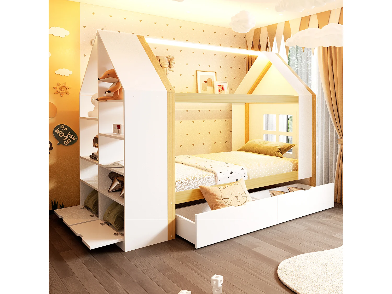 Cabin bed 90 x 200 cm with 2 drawers, side shelf, 2 drop-down doors and LED lighting - Solid wood + MDF - White + natural (Mattress not included)