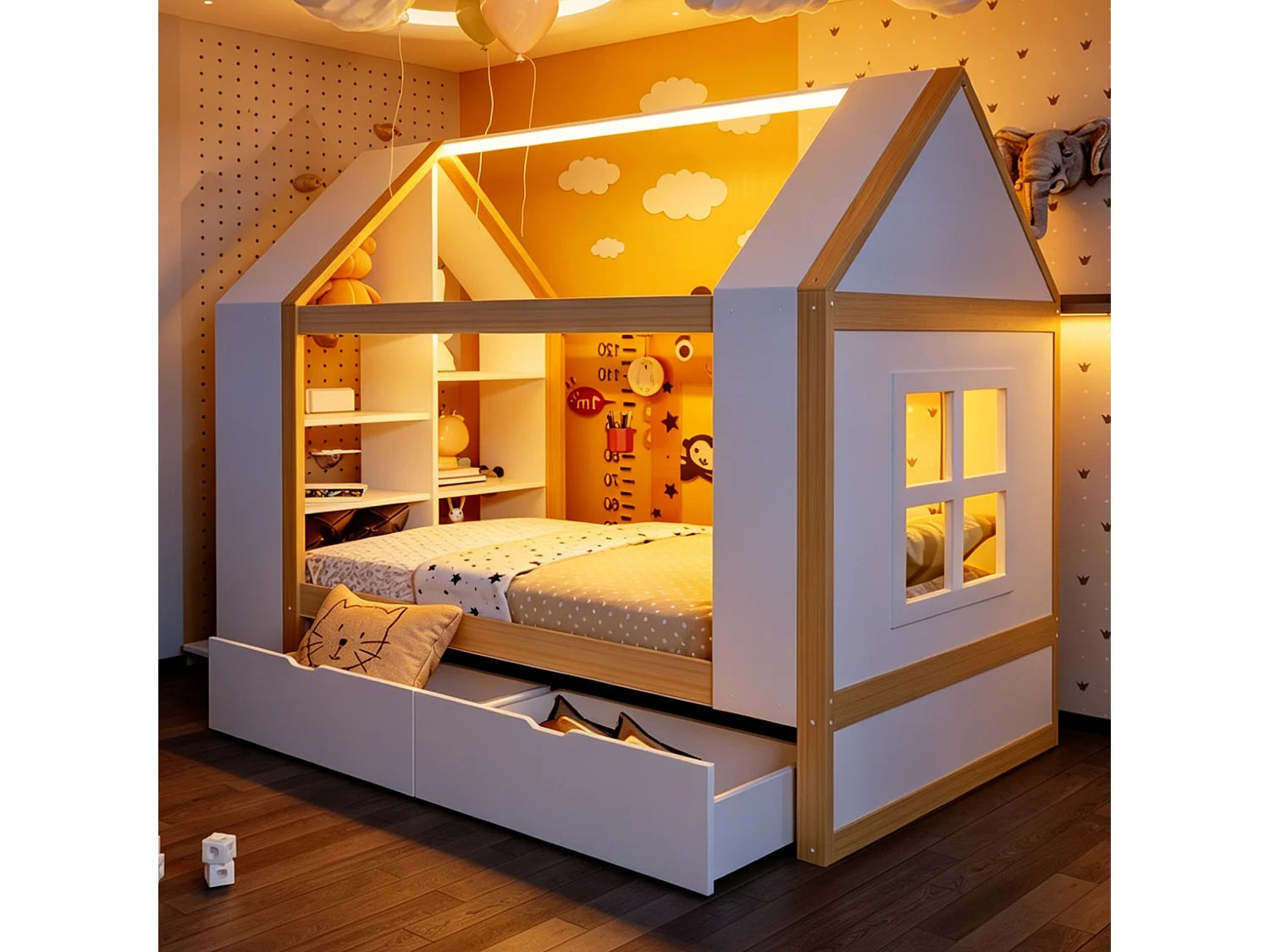 Cabin bed 90 x 200 cm with 2 drawers, side shelf, 2 drop-down doors and LED lighting - Solid wood + MDF - White + natural (Mattress not included)