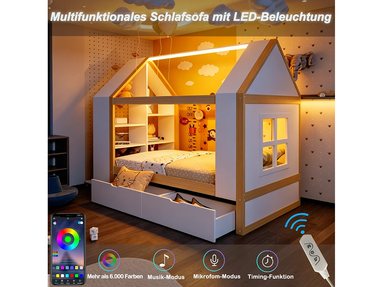 Cabin bed 90 x 200 cm with 2 drawers, side shelf, 2 drop-down doors and LED lighting - Solid wood + MDF - White + natural (Mattress not included)