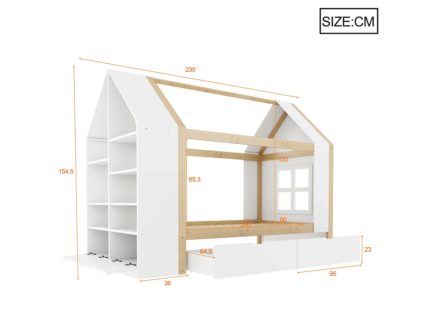 Cabin bed 90 x 200 cm with 2 drawers, side shelf, 2 drop-down doors and LED lighting - Solid wood + MDF - White + natural (Mattress not included)