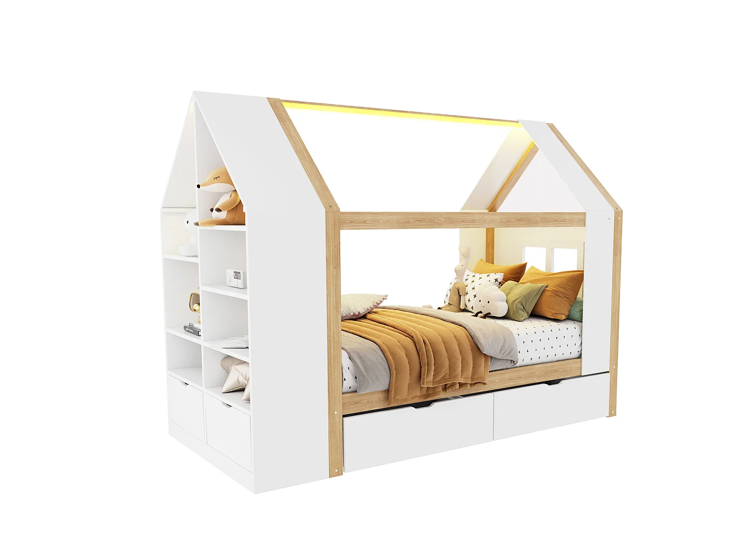 Cabin bed 90 x 200 cm with 2 drawers, side shelf, 2 drop-down doors and LED lighting - Solid wood + MDF - White + natural (Mattress not included)