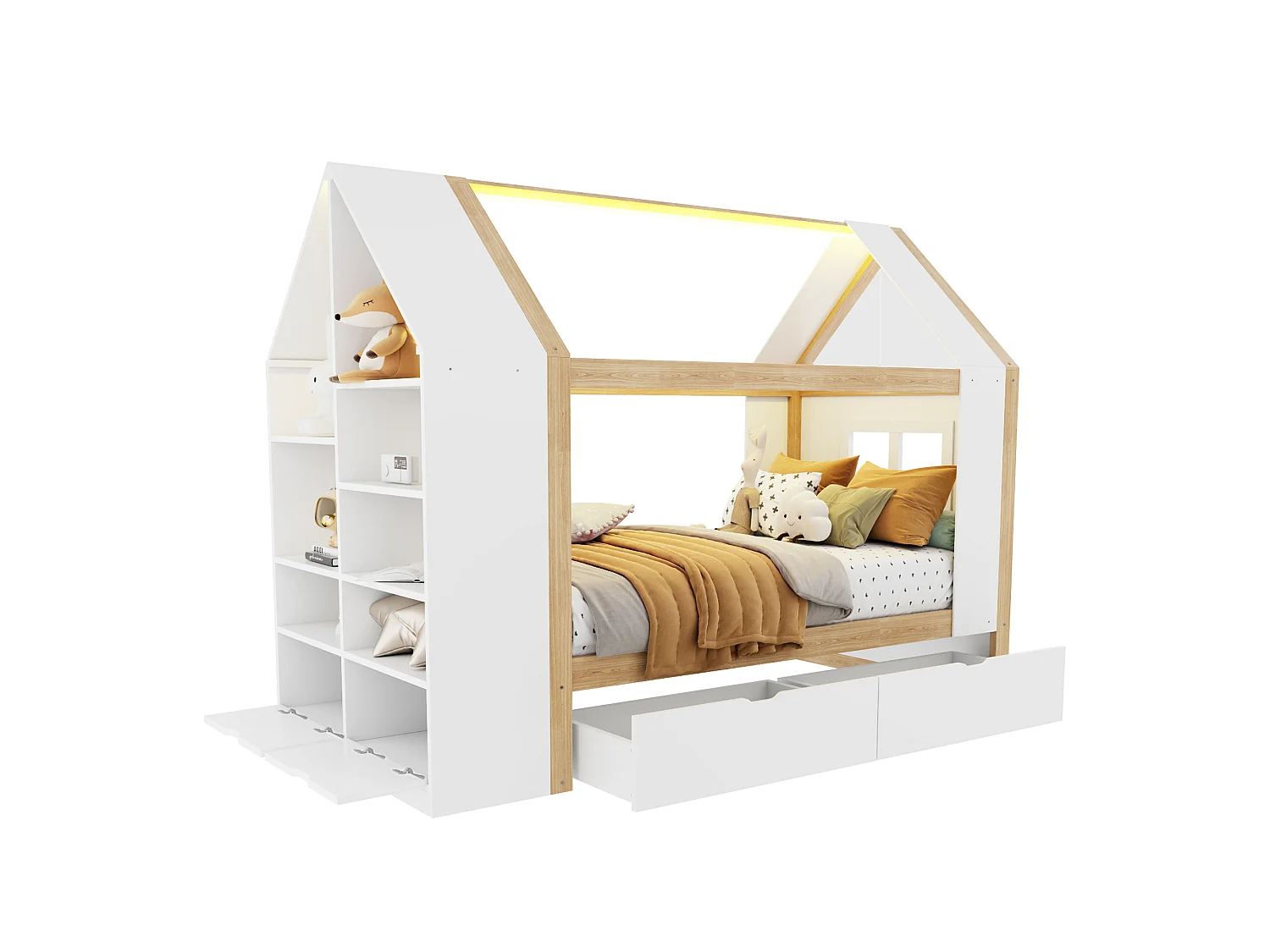 Cabin bed 90 x 200 cm with 2 drawers, side shelf, 2 drop-down doors and LED lighting - Solid wood + MDF - White + natural (Mattress not included)