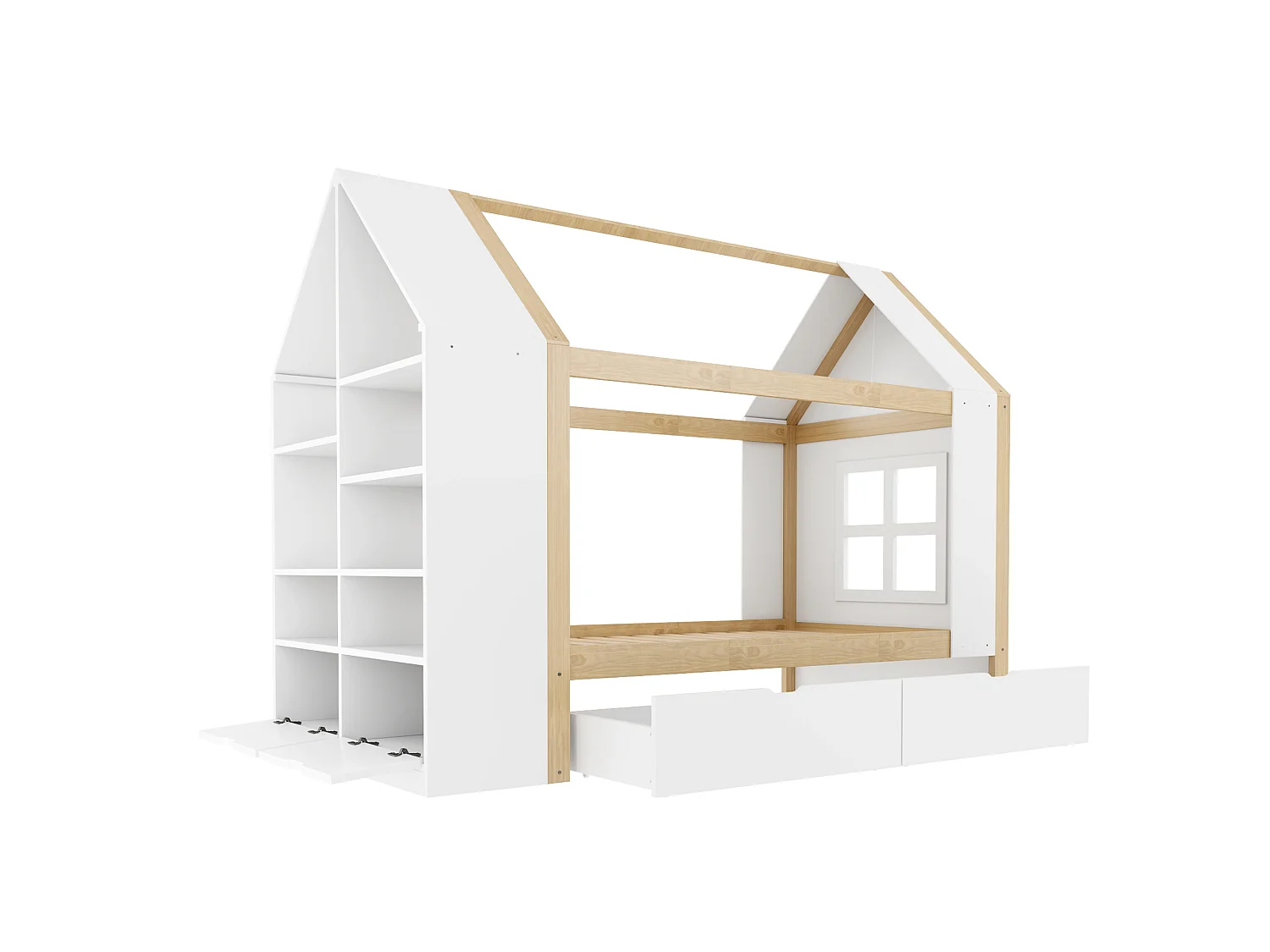 Cabin bed 90 x 200 cm with 2 drawers, side shelf, 2 drop-down doors and LED lighting - Solid wood + MDF - White + natural (Mattress not included)