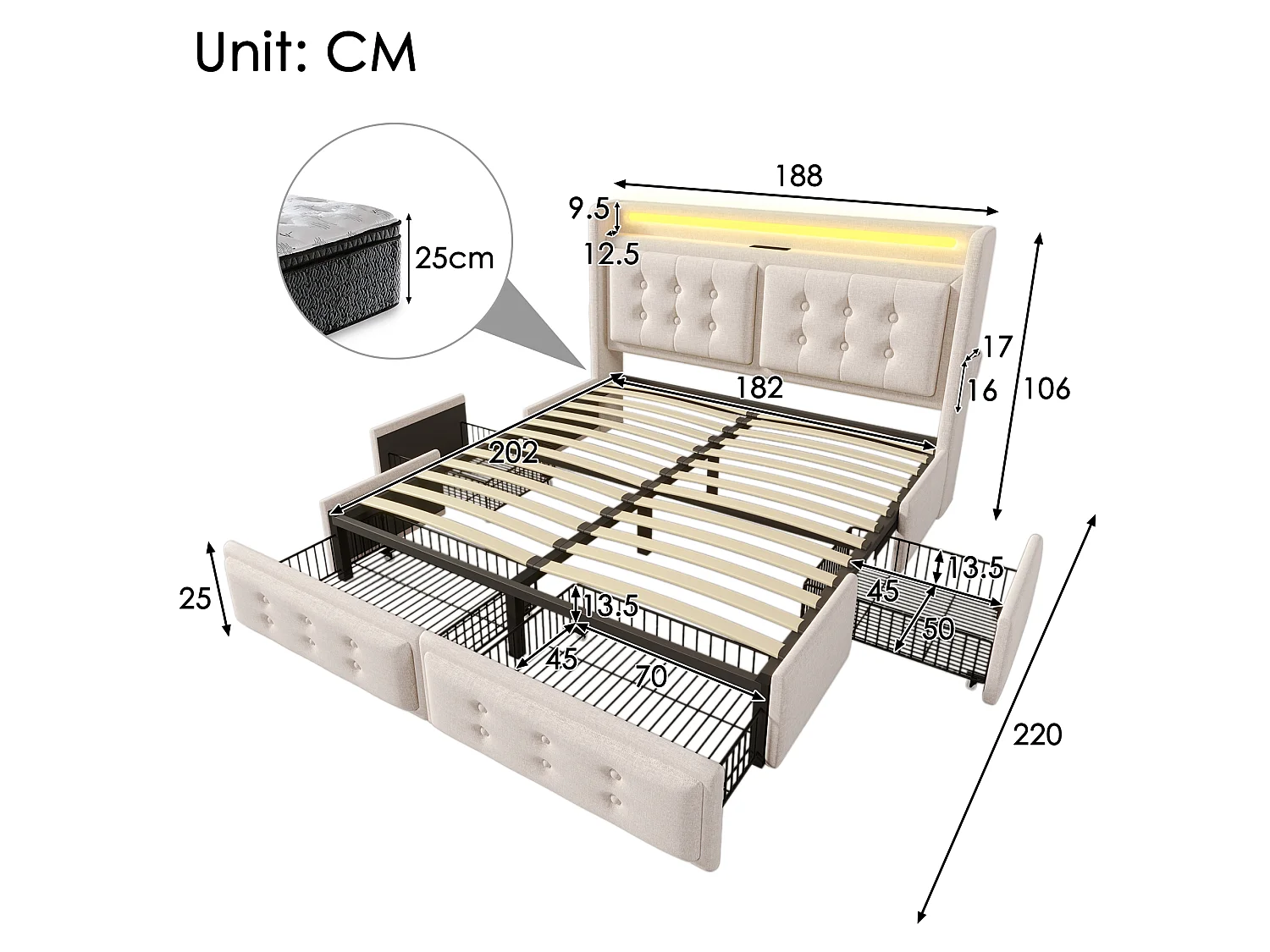 Cama tapizada de 180 x 200 cm con cabecero LED y USB-C, 4 cajones de almacenamiento – estructura metálica, lino/algodón – Gris (Colchón no incluido)