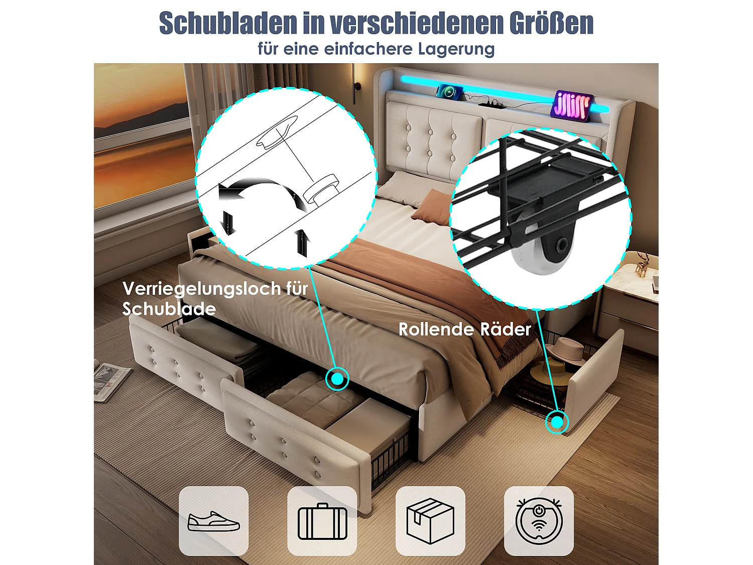 Cama tapizada de 180 x 200 cm con cabecero LED y USB-C, 4 cajones de almacenamiento – estructura metálica, lino/algodón – Gris (Colchón no incluido)