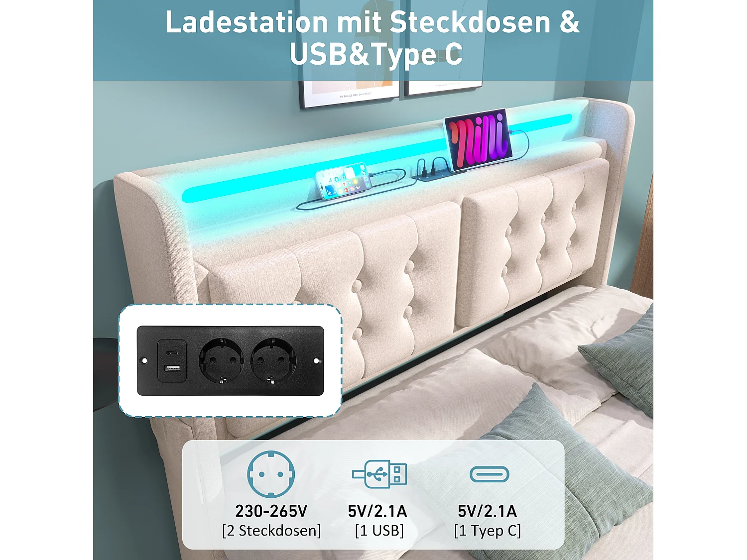 Cama tapizada de 180 x 200 cm con cabecero LED y USB-C, 4 cajones de almacenamiento – estructura metálica, lino/algodón – Gris (Colchón no incluido)