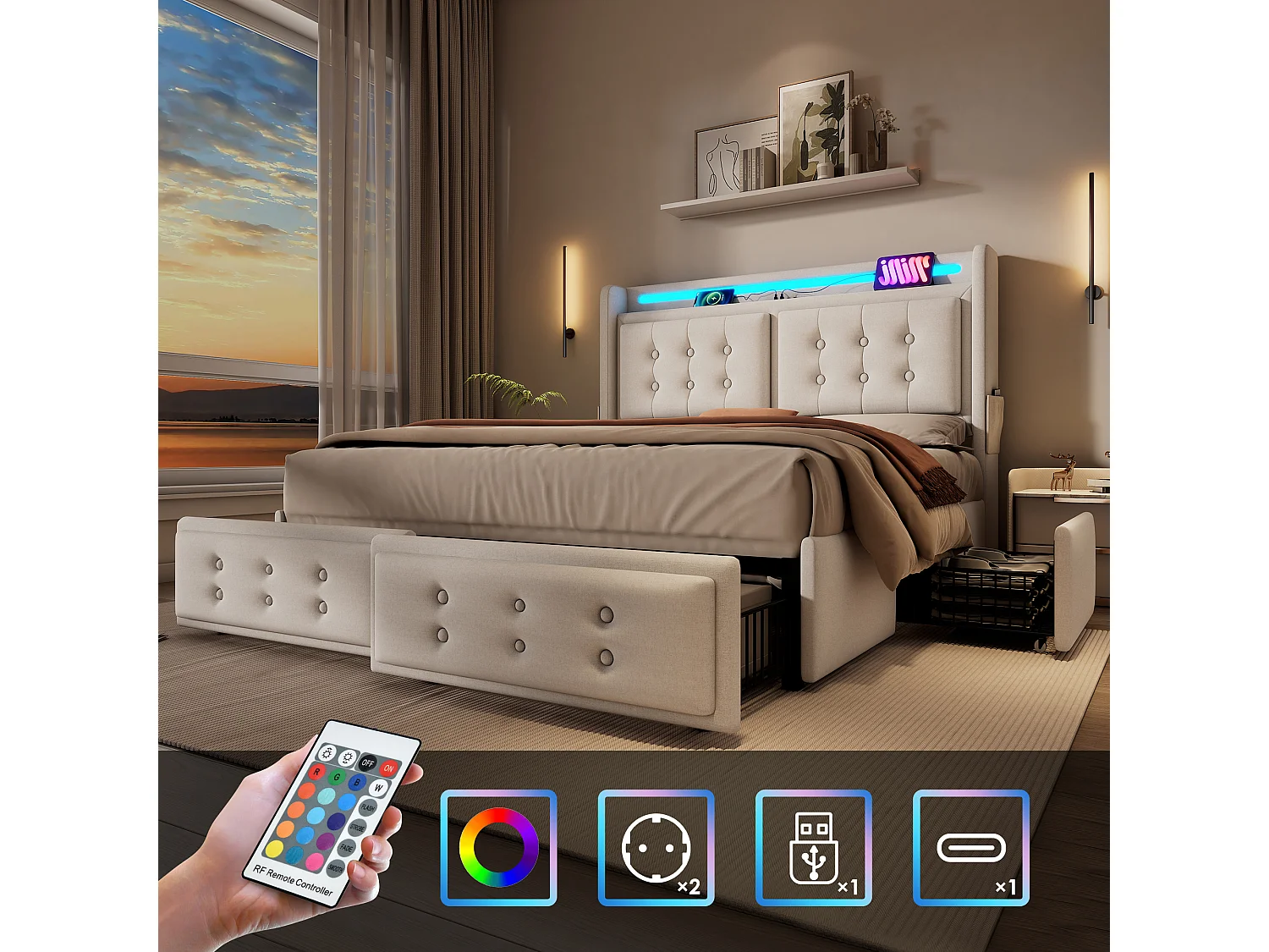 Cama tapizada de 180 x 200 cm con cabecero LED y USB-C, 4 cajones de almacenamiento – estructura metálica, lino/algodón – Gris (Colchón no incluido)