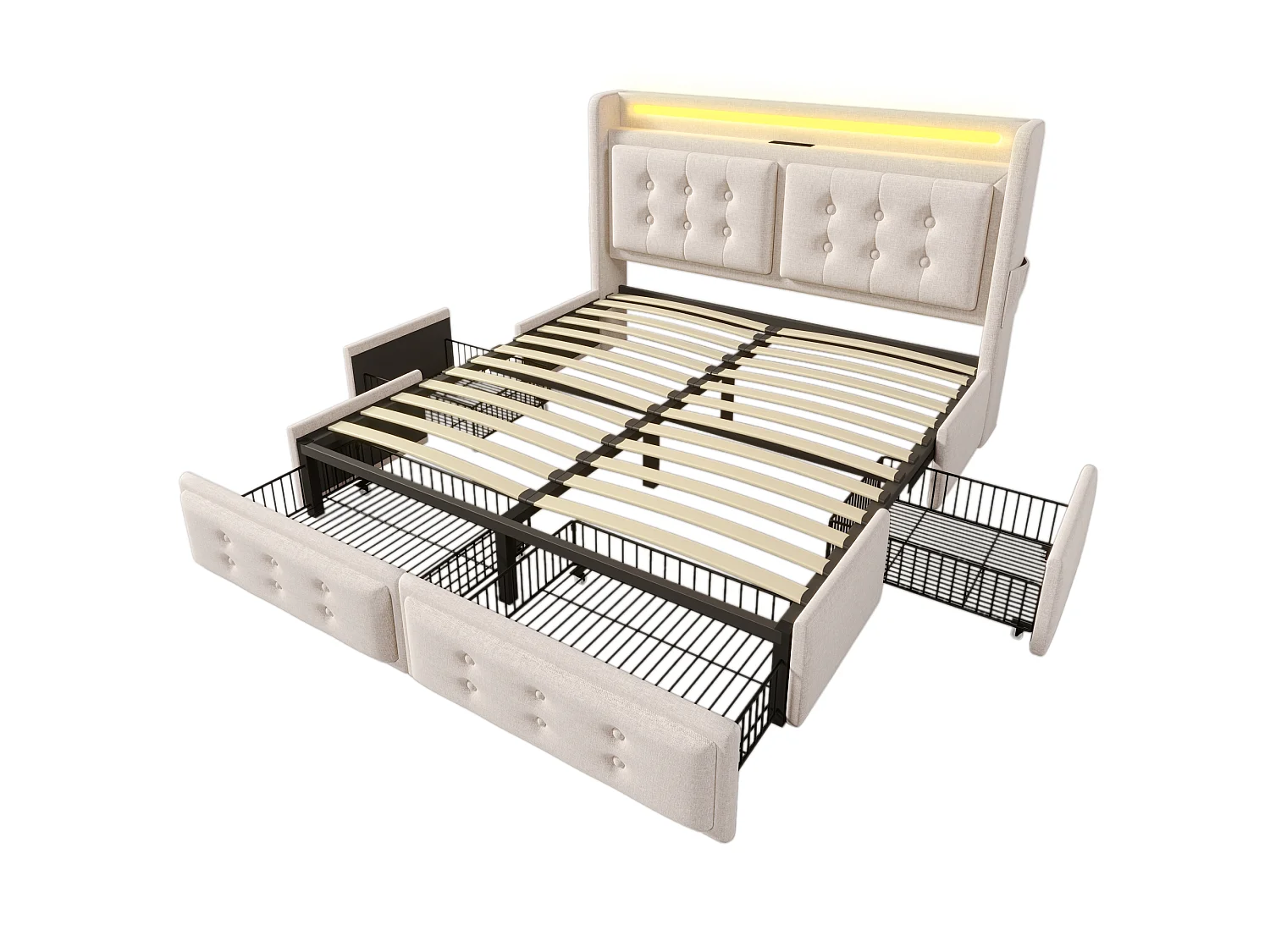 Cama tapizada de 180 x 200 cm con cabecero LED y USB-C, 4 cajones de almacenamiento – estructura metálica, lino/algodón – Gris (Colchón no incluido)