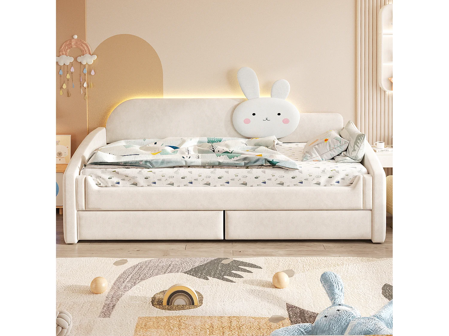 Lit capitonnté enfant 90 x 200 cm avec LED, coussin lapin et 2 tiroirs – Velours/Métal – Rose (Sans matelas)