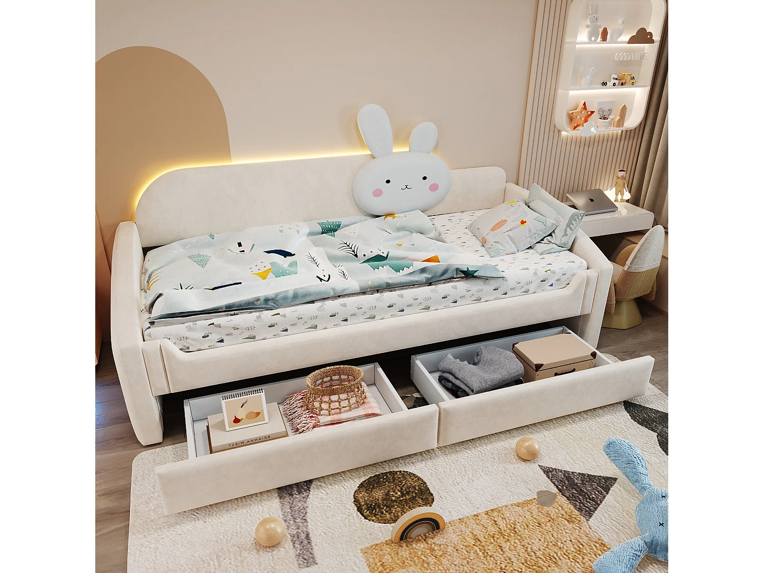 Lit capitonnté enfant 90 x 200 cm avec LED, coussin lapin et 2 tiroirs – Velours/Métal – Rose (Sans matelas)