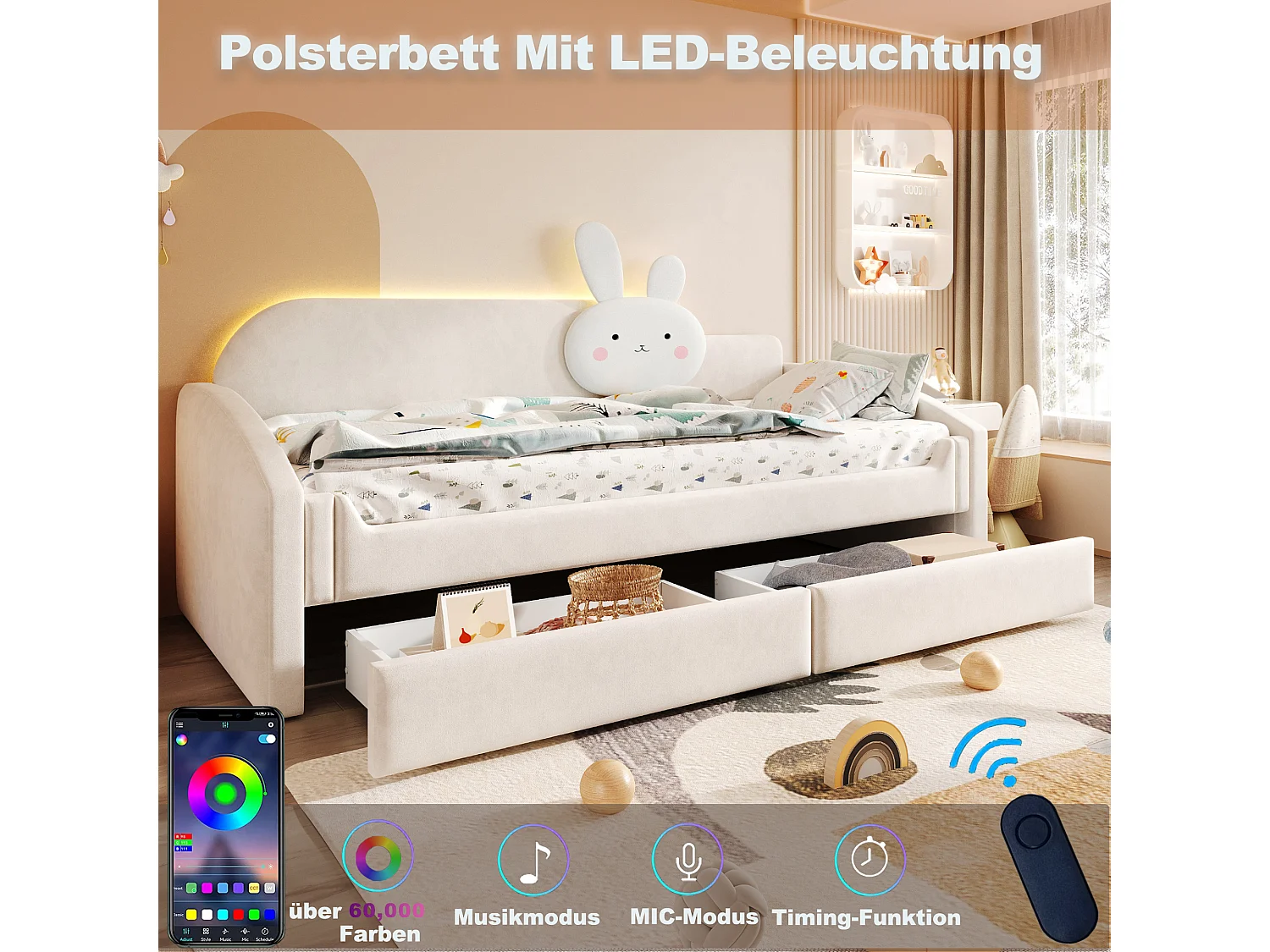 Lit capitonnté enfant 90 x 200 cm avec LED, coussin lapin et 2 tiroirs – Velours/Métal – Rose (Sans matelas)
