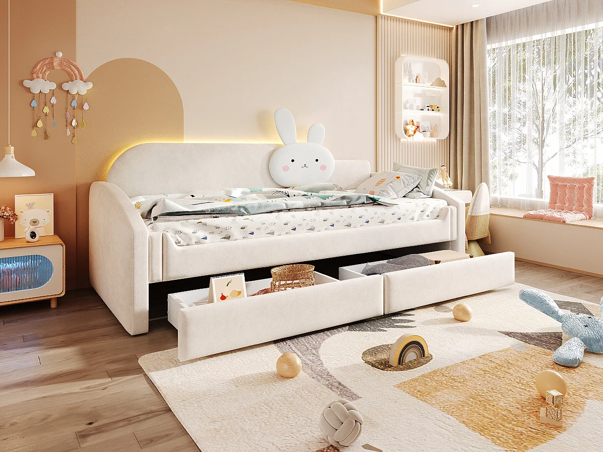 Lit capitonnté enfant 90 x 200 cm avec LED, coussin lapin et 2 tiroirs – Velours/Métal – Rose (Sans matelas)