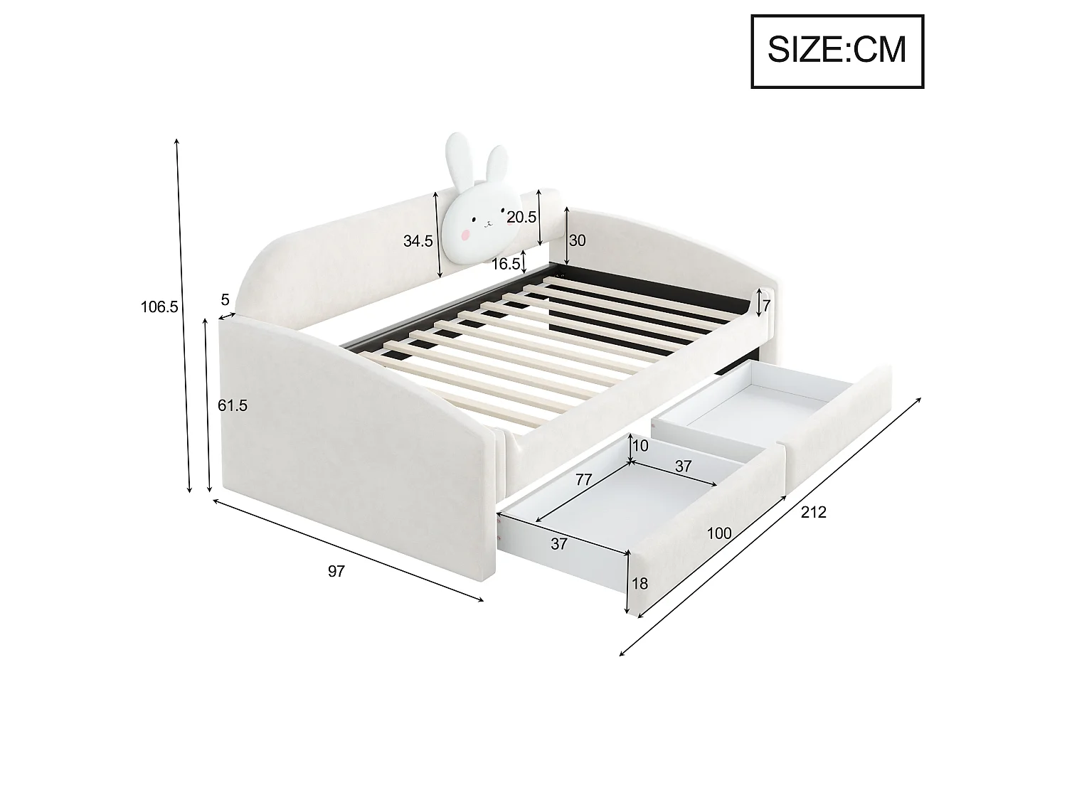 Lit capitonnté enfant 90 x 200 cm avec LED, coussin lapin et 2 tiroirs – Velours/Métal – Rose (Sans matelas)
