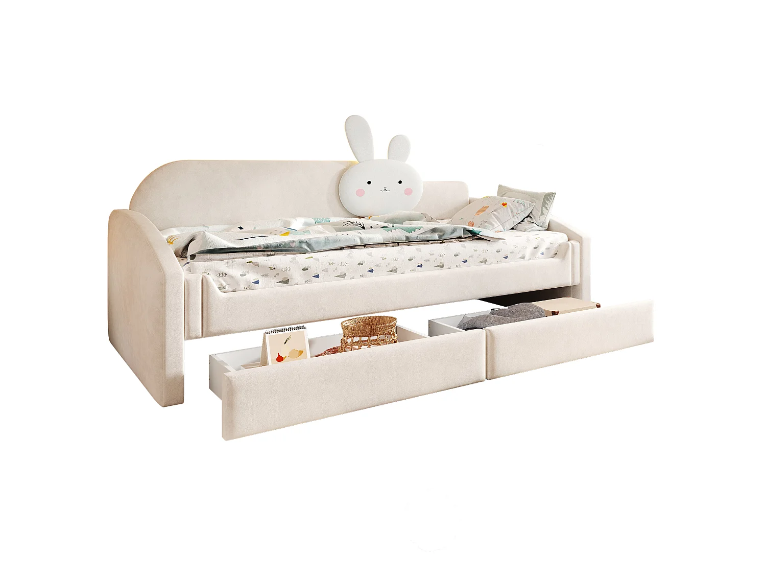 Lit capitonnté enfant 90 x 200 cm avec LED, coussin lapin et 2 tiroirs – Velours/Métal – Rose (Sans matelas)