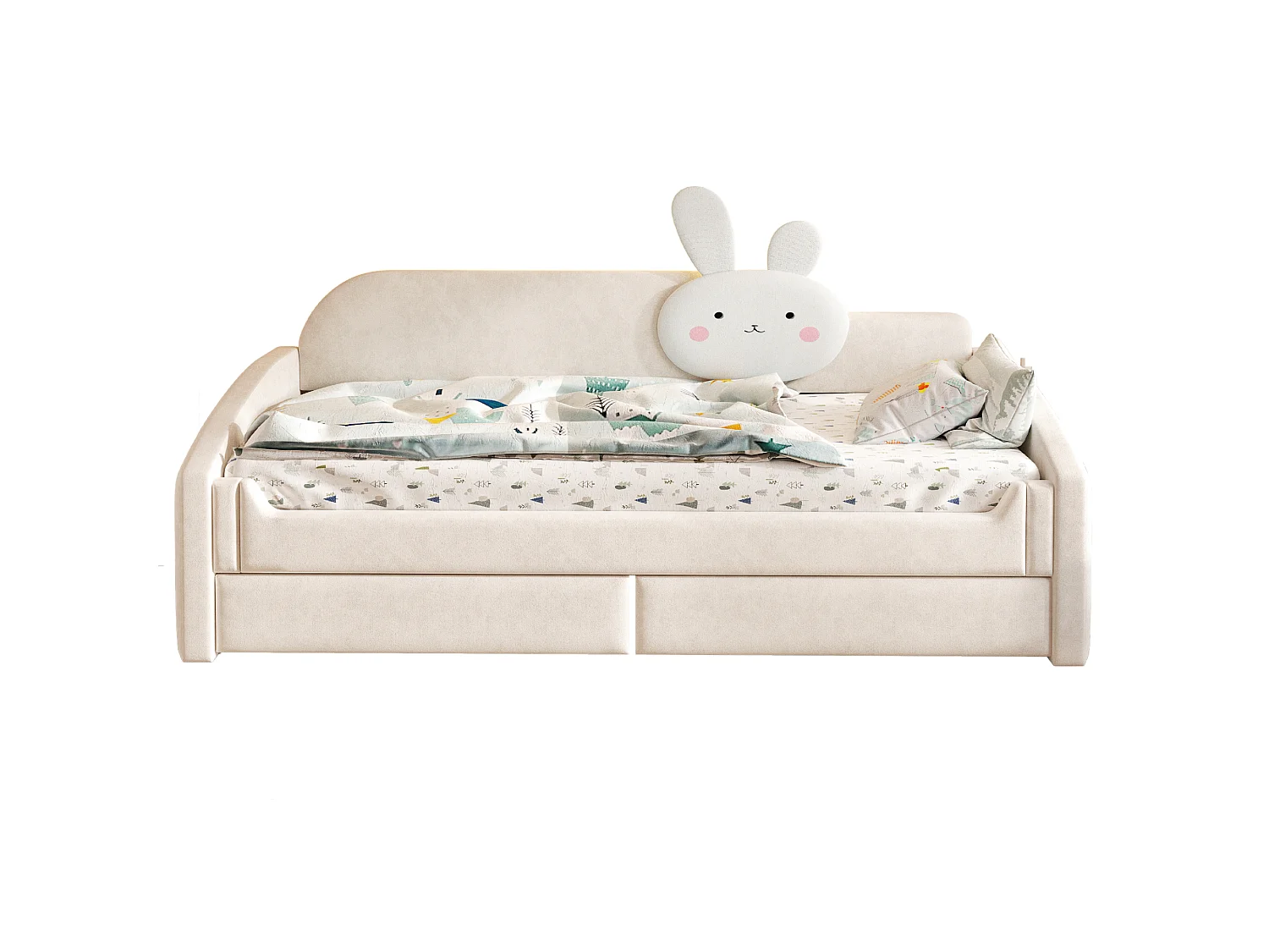 Lit capitonnté enfant 90 x 200 cm avec LED, coussin lapin et 2 tiroirs – Velours/Métal – Rose (Sans matelas)