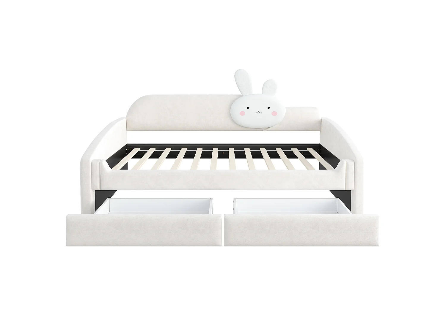 Lit capitonnté enfant 90 x 200 cm avec LED, coussin lapin et 2 tiroirs – Velours/Métal – Rose (Sans matelas)