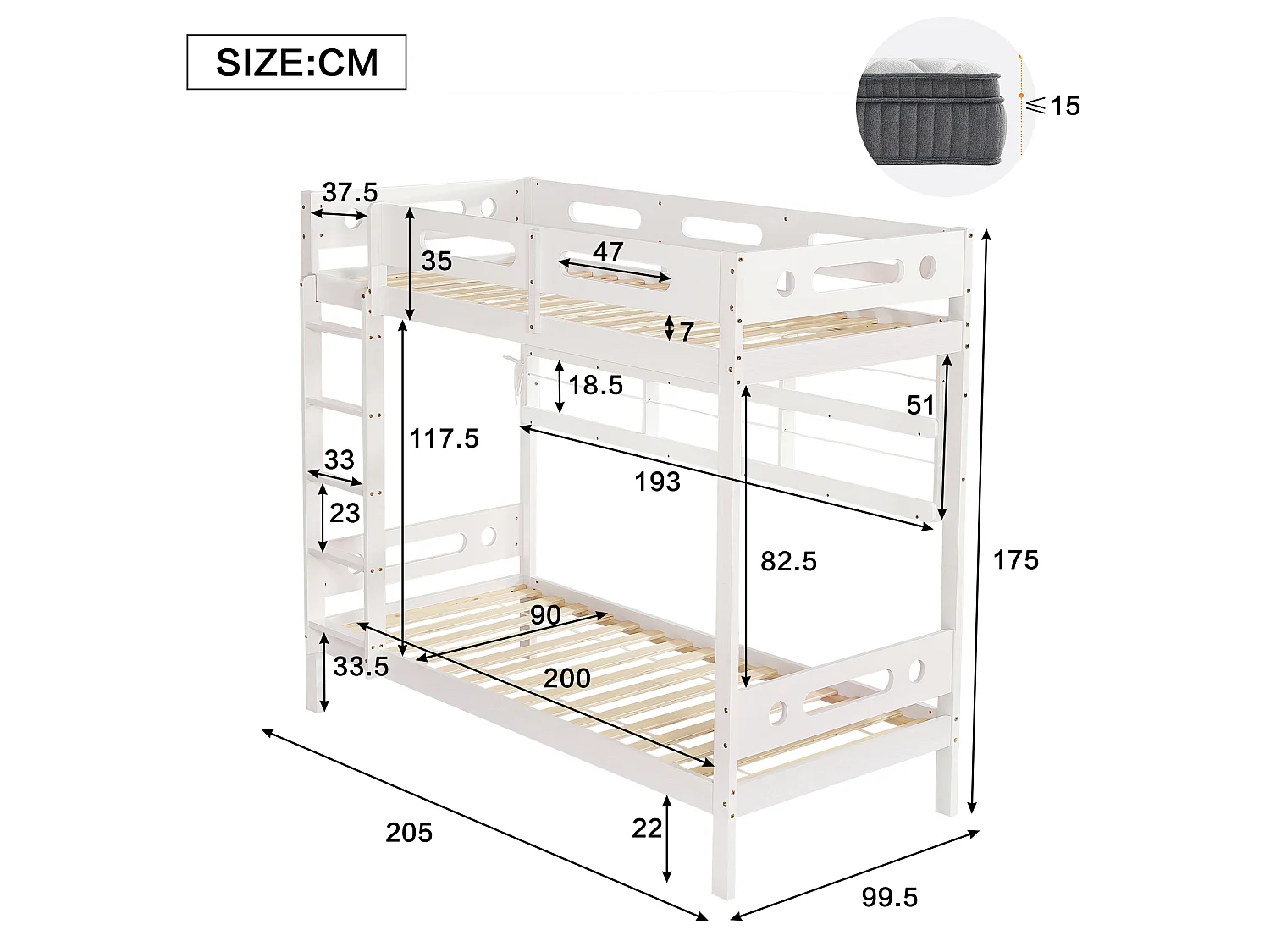 Bunk beds 2 x 90 x 200 cm with ladder and open shelf - Pine + MDF - White