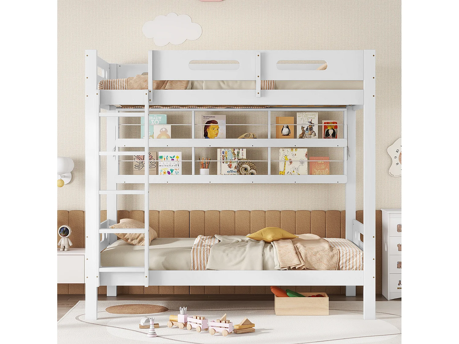 Bunk beds 2 x 90 x 200 cm with ladder and open shelf - Pine + MDF - White
