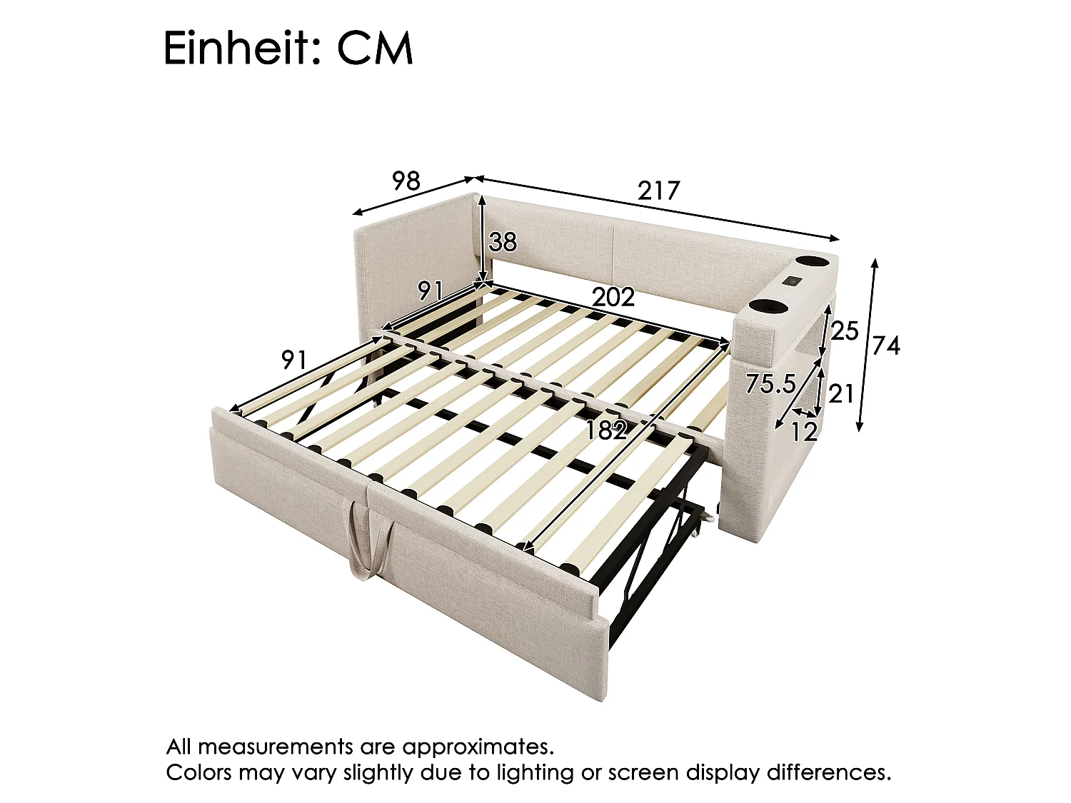 Trundle bed 90/180 x 200 cm with USB/USB-C charging, cup holders and integrated storage - Wood, cotton-linen and metal - Beige (Mattress not included)