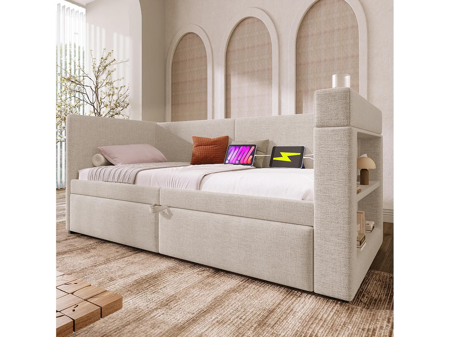 Trundle bed 90/180 x 200 cm with USB/USB-C charging, cup holders and integrated storage - Wood, cotton-linen and metal - Beige (Mattress not included)