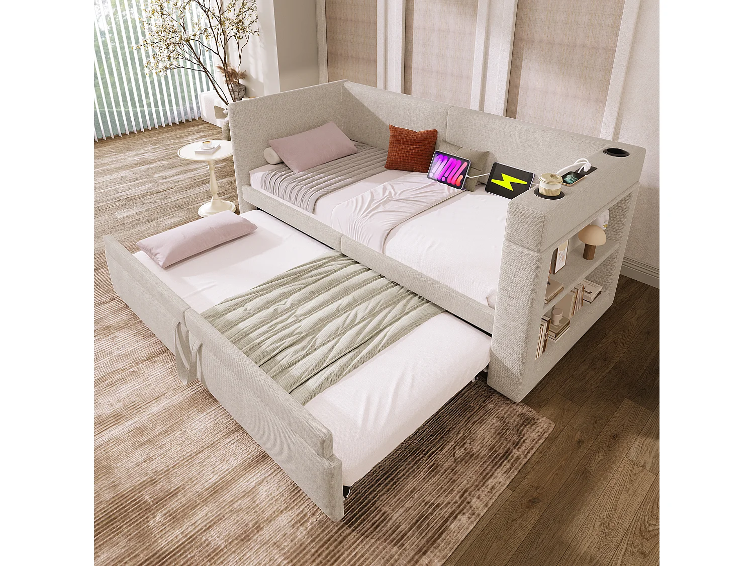 Trundle bed 90/180 x 200 cm with USB/USB-C charging, cup holders and integrated storage - Wood, cotton-linen and metal - Beige (Mattress not included)