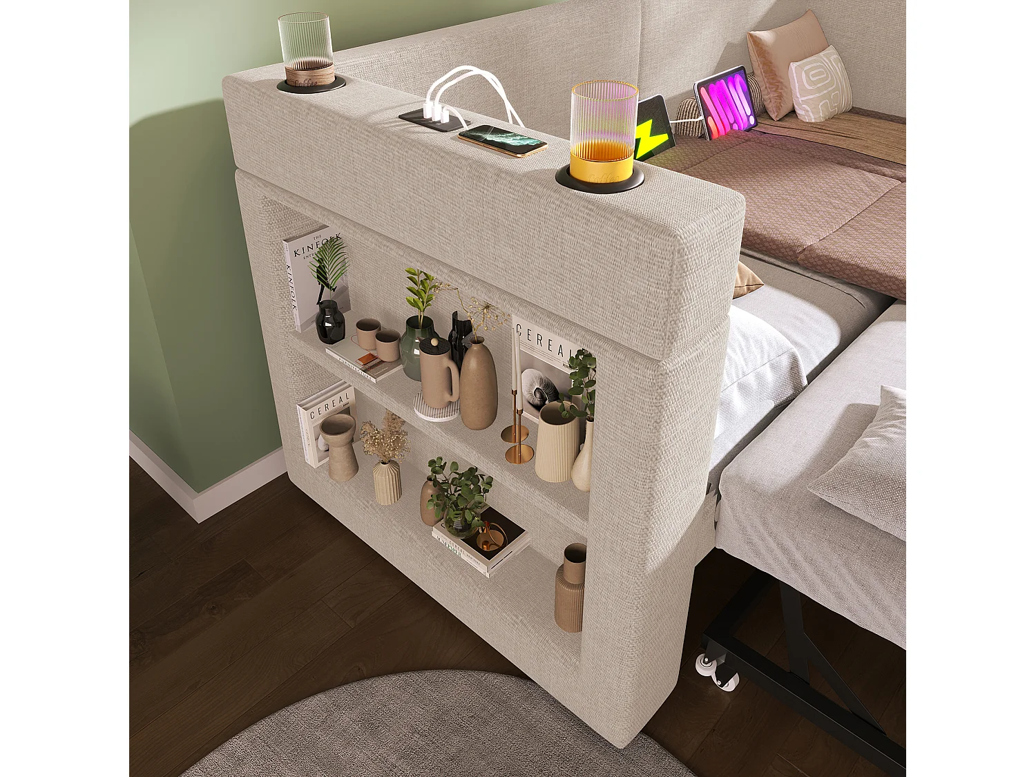 Trundle bed 90/180 x 200 cm with USB/USB-C charging, cup holders and integrated storage - Wood, cotton-linen and metal - Beige (Mattress not included)