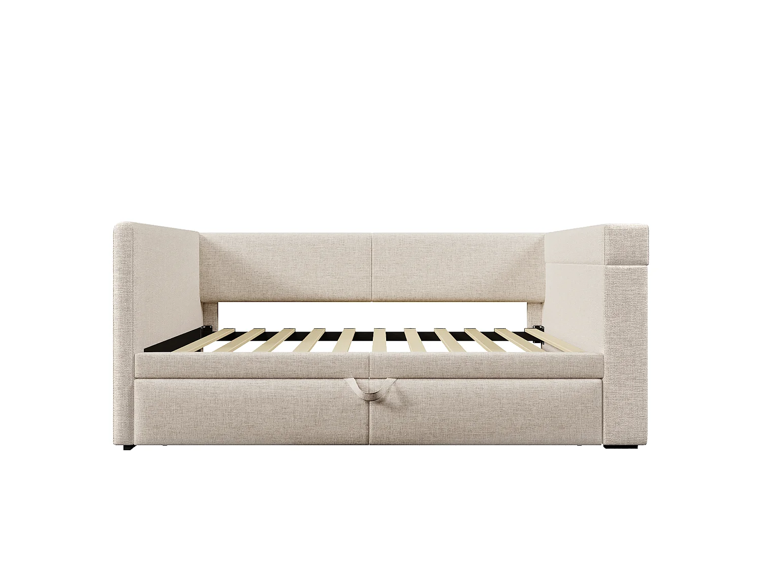 Trundle bed 90/180 x 200 cm with USB/USB-C charging, cup holders and integrated storage - Wood, cotton-linen and metal - Beige (Mattress not included)