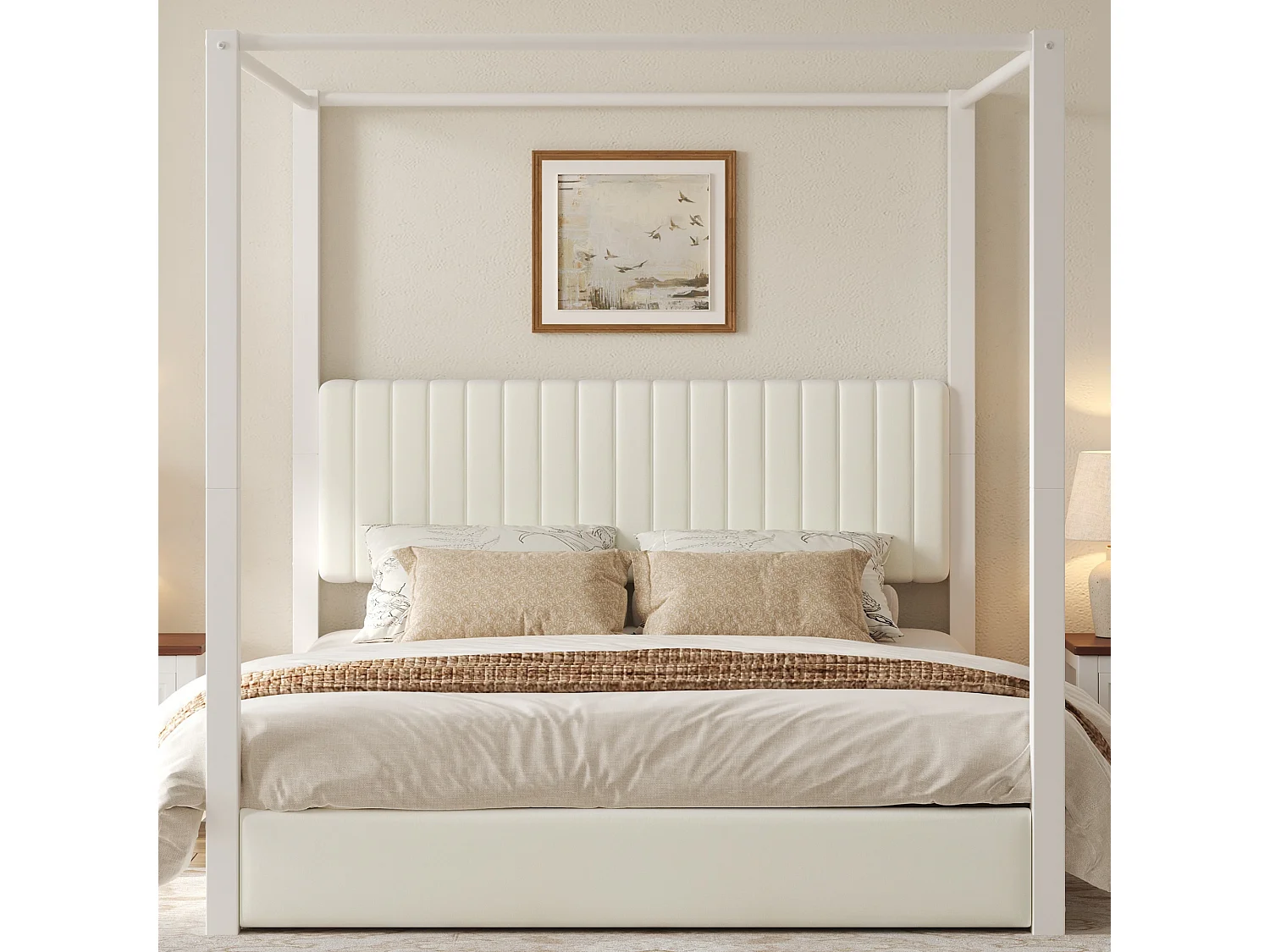 Hemelbed 180 x 200 cm met gestoffeerd hoofdeinde - MDF, metaal en fluweel - Moderne stijl - Beige en wit (matras niet inbegrepen)