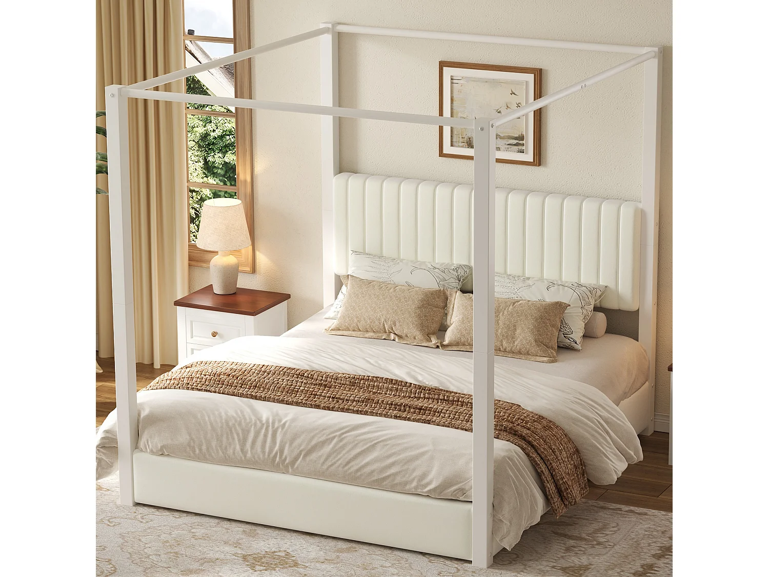 Hemelbed 180 x 200 cm met gestoffeerd hoofdeinde - MDF, metaal en fluweel - Moderne stijl - Beige en wit (matras niet inbegrepen)