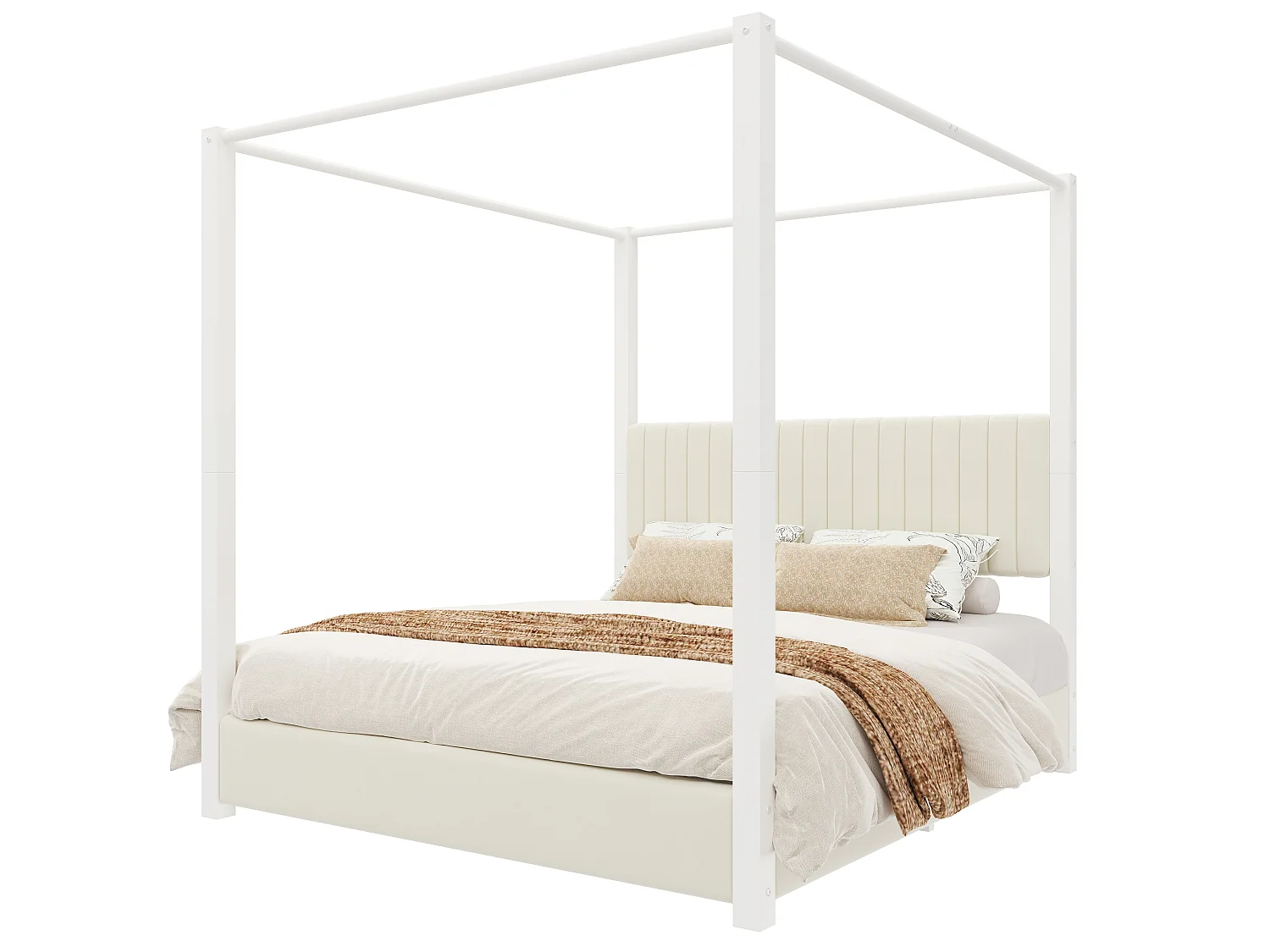 Hemelbed 180 x 200 cm met gestoffeerd hoofdeinde - MDF, metaal en fluweel - Moderne stijl - Beige en wit (matras niet inbegrepen)