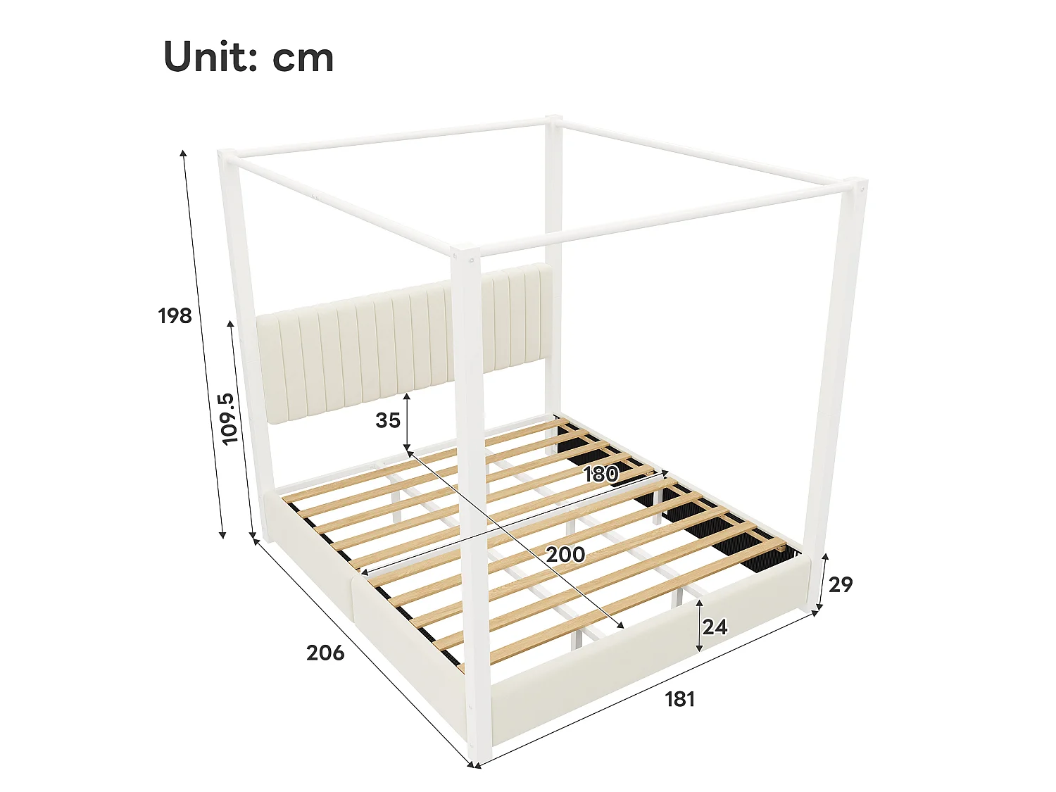 Hemelbed 180 x 200 cm met gestoffeerd hoofdeinde - MDF, metaal en fluweel - Moderne stijl - Beige en wit (matras niet inbegrepen)