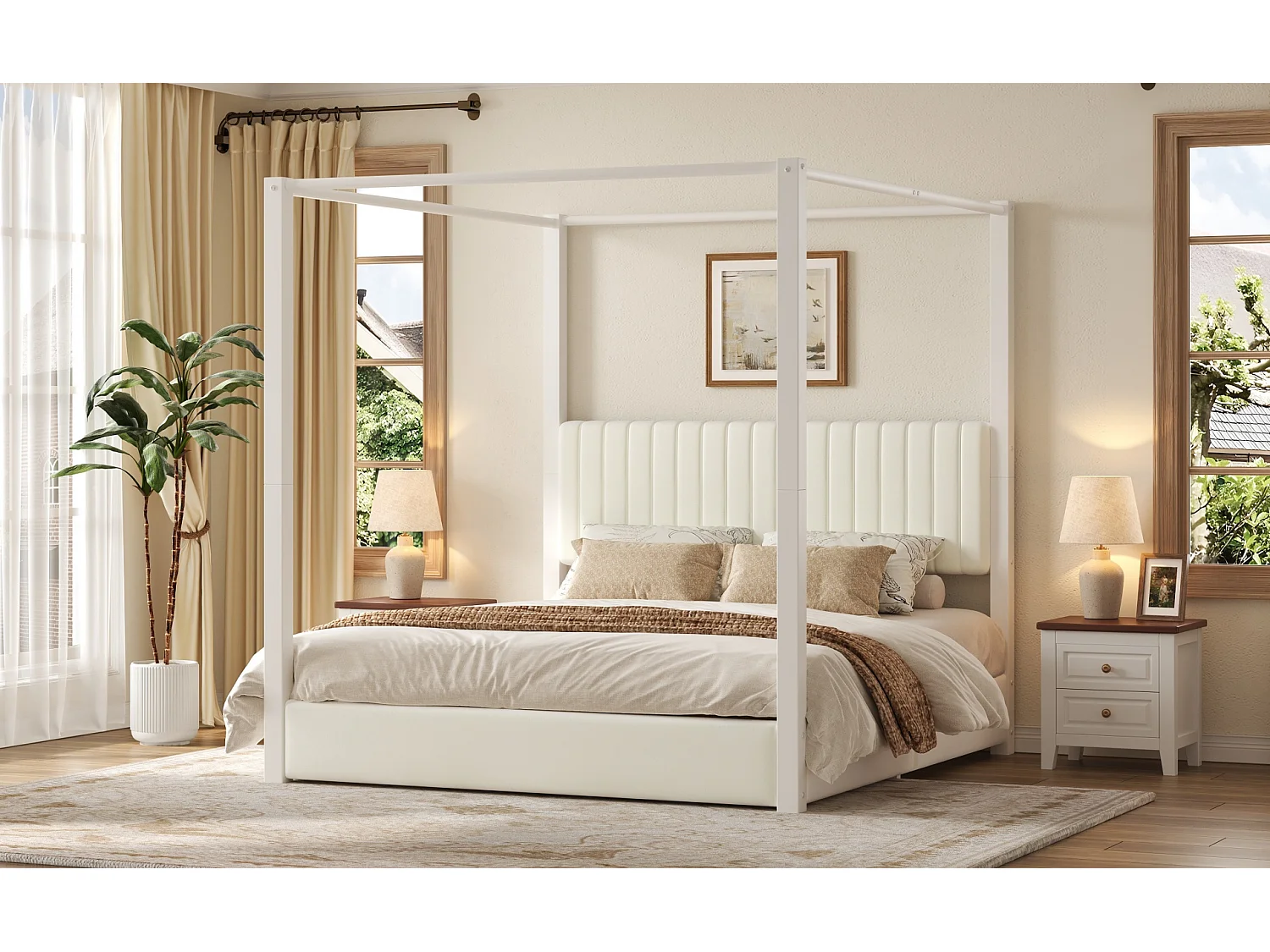 Hemelbed 180 x 200 cm met gestoffeerd hoofdeinde - MDF, metaal en fluweel - Moderne stijl - Beige en wit (matras niet inbegrepen)
