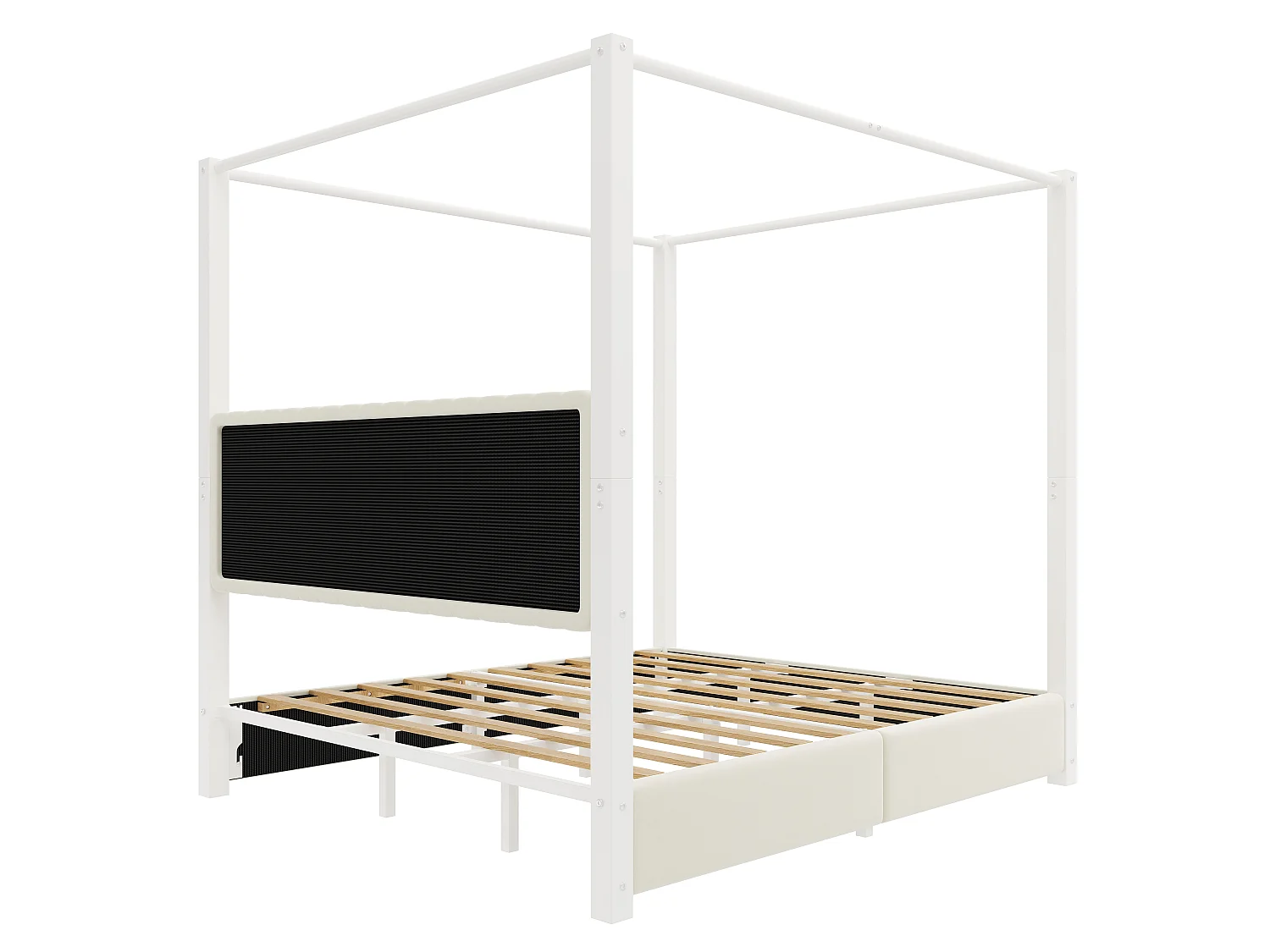 Hemelbed 180 x 200 cm met gestoffeerd hoofdeinde - MDF, metaal en fluweel - Moderne stijl - Beige en wit (matras niet inbegrepen)