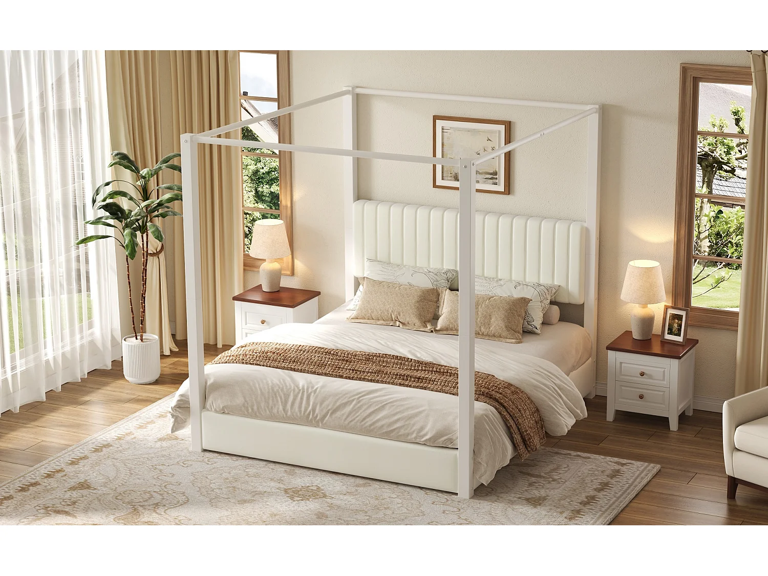 Hemelbed 180 x 200 cm met gestoffeerd hoofdeinde - MDF, metaal en fluweel - Moderne stijl - Beige en wit (matras niet inbegrepen)