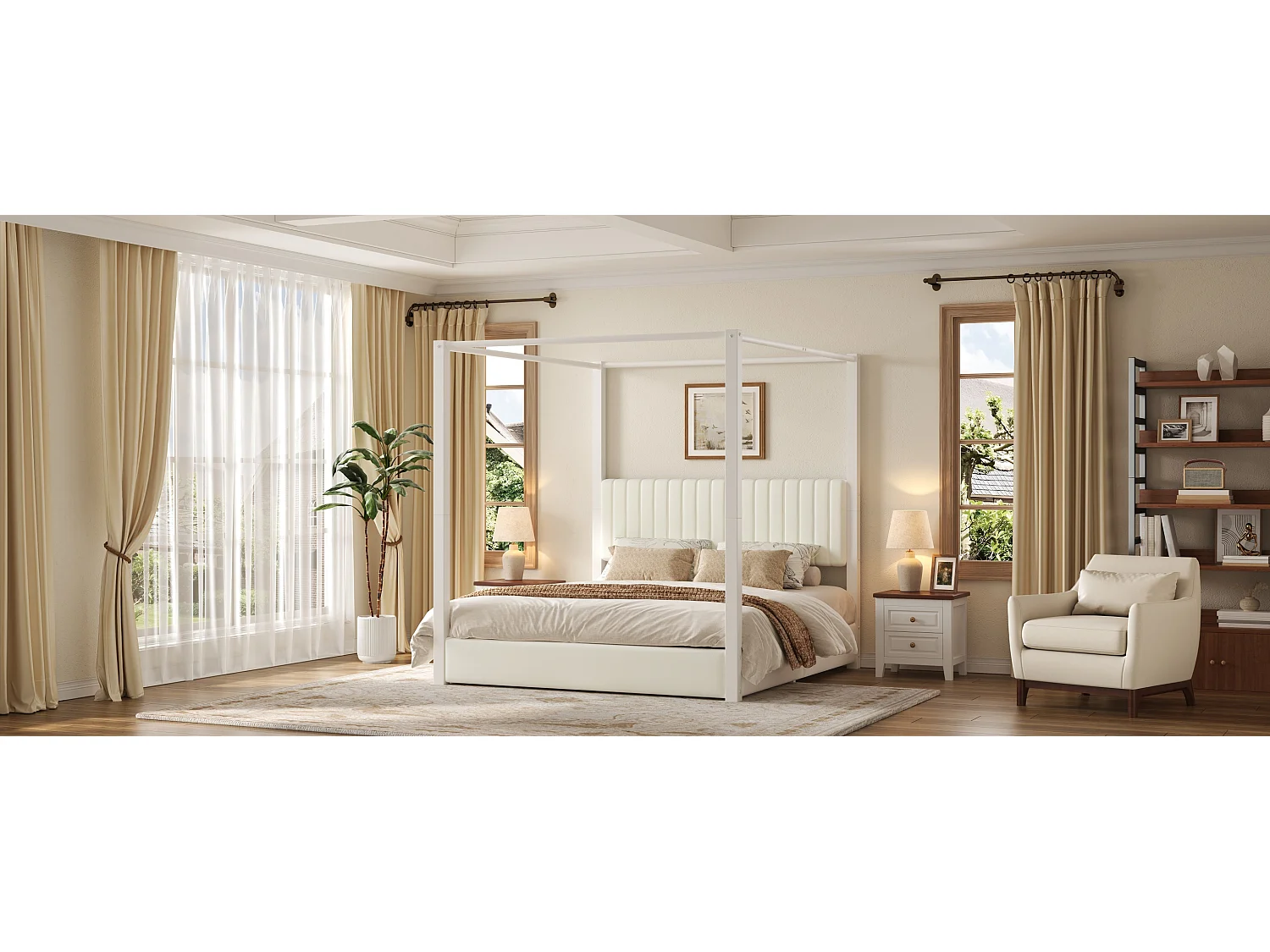 Hemelbed 180 x 200 cm met gestoffeerd hoofdeinde - MDF, metaal en fluweel - Moderne stijl - Beige en wit (matras niet inbegrepen)