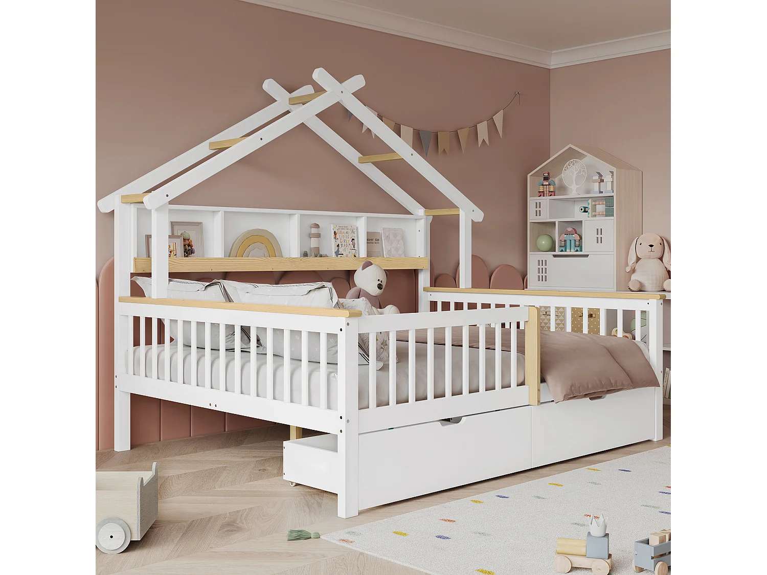 Children's bed 140 x 200 cm with 2 drawers and storage shelf - Pine + MDF - White + natural