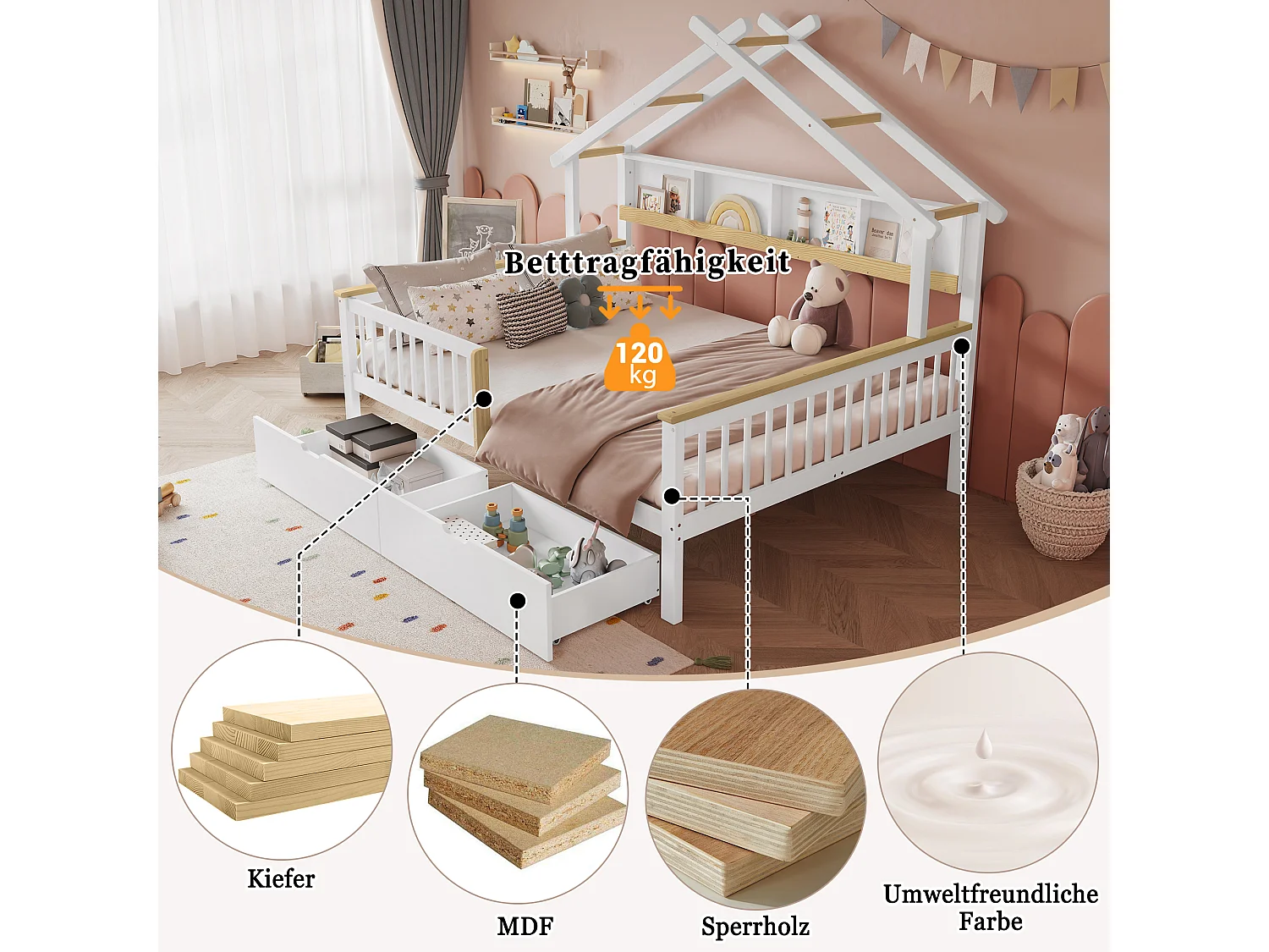Children's bed 140 x 200 cm with 2 drawers and storage shelf - Pine + MDF - White + natural