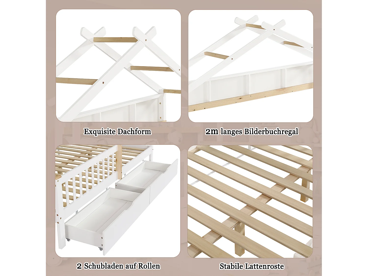 Children's bed 140 x 200 cm with 2 drawers and storage shelf - Pine + MDF - White + natural