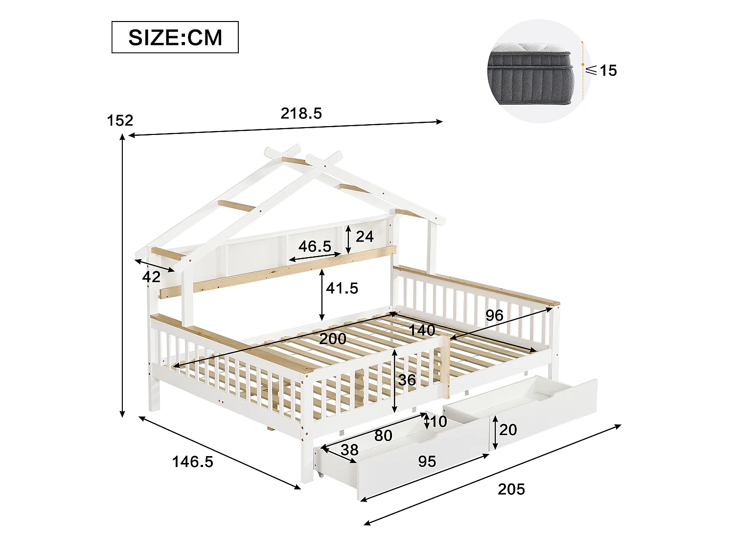Children's bed 140 x 200 cm with 2 drawers and storage shelf - Pine + MDF - White + natural