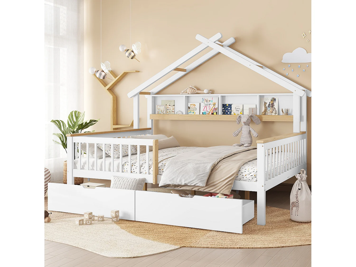 Children's bed 140 x 200 cm with 2 drawers and storage shelf - Pine + MDF - White + natural